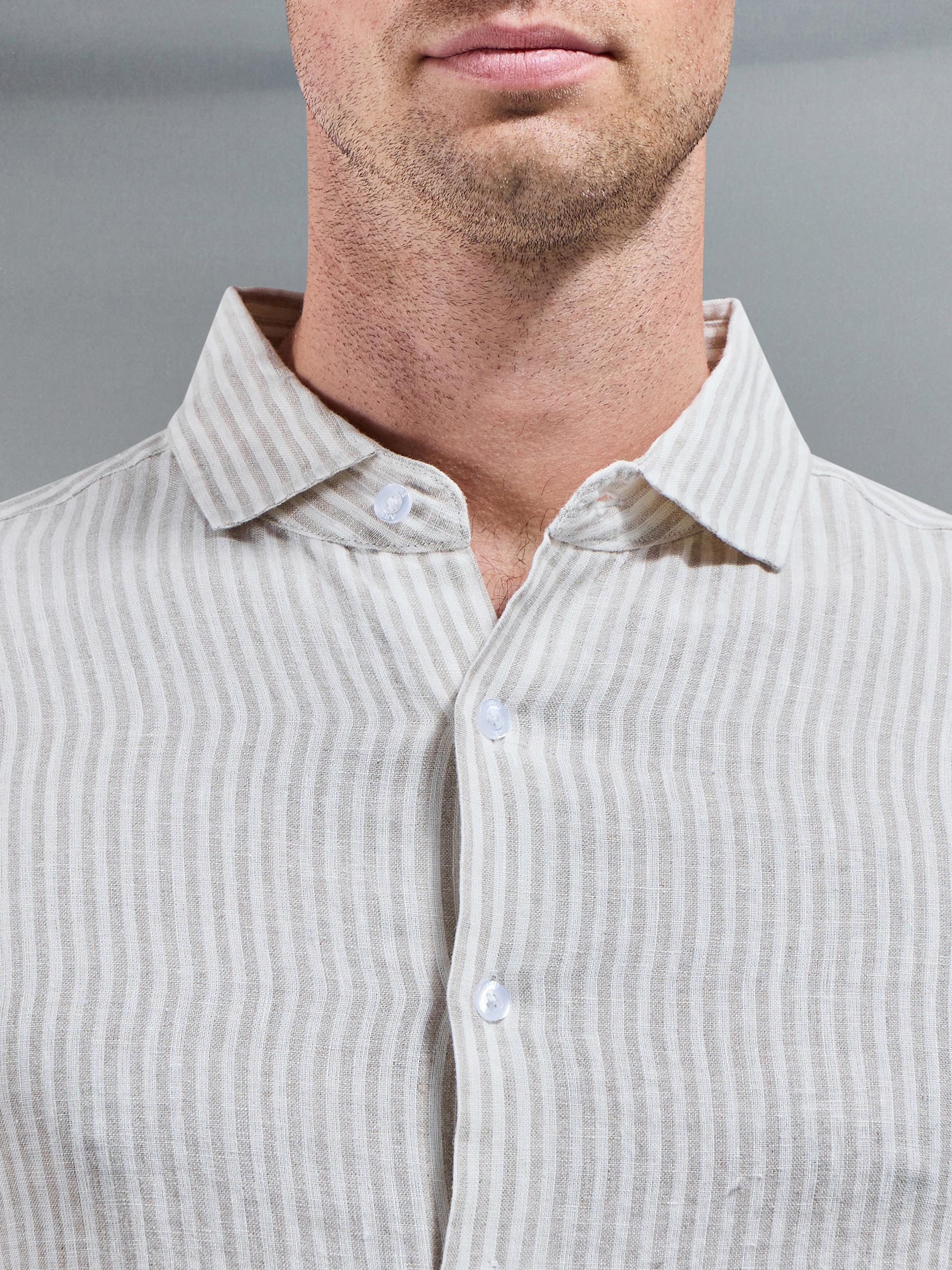 Linen Long Sleeve Stripe Shirt in White Stone - Image 3