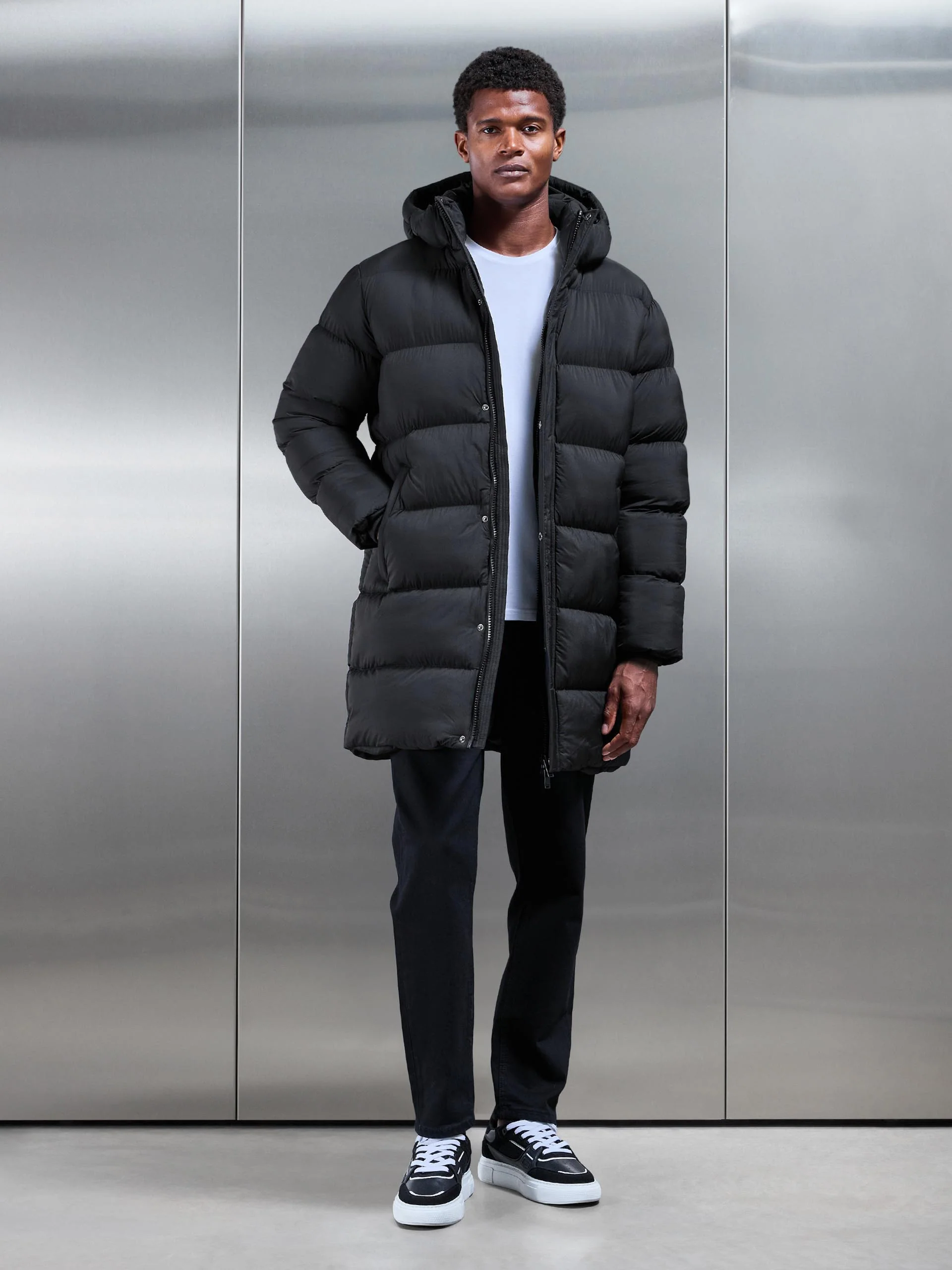 Matte Mid Length Puffer Jacket in Black - Image 2