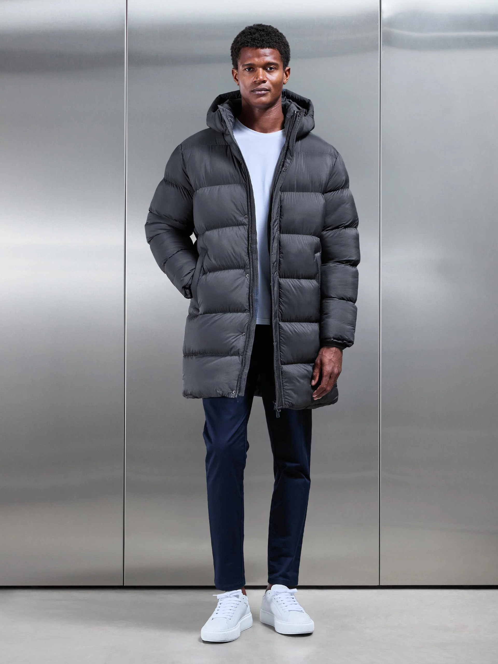 Matte Mid Length Puffer Jacket in Grey - Image 2