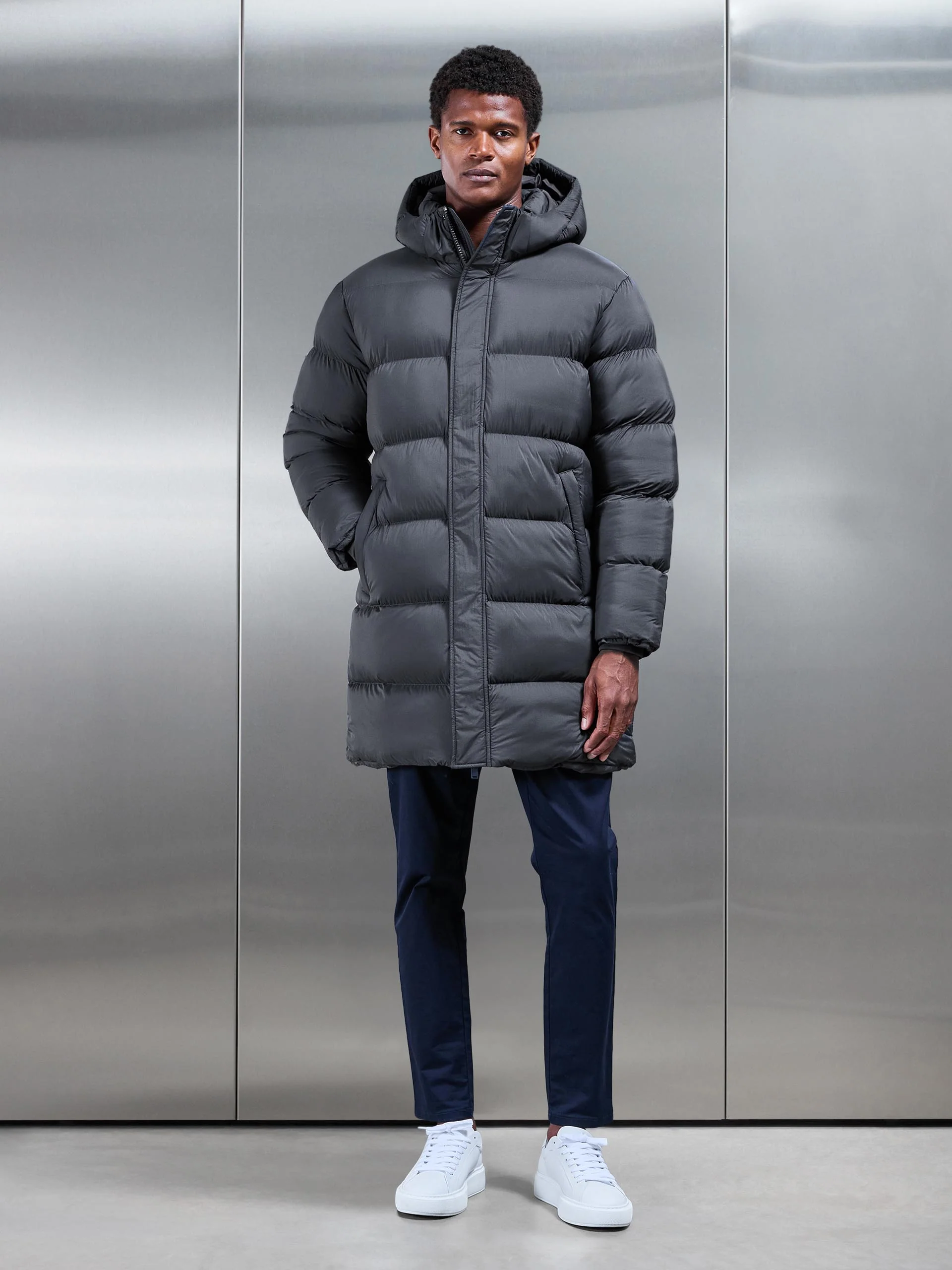 Matte Mid Length Puffer Jacket in Grey - Image 7