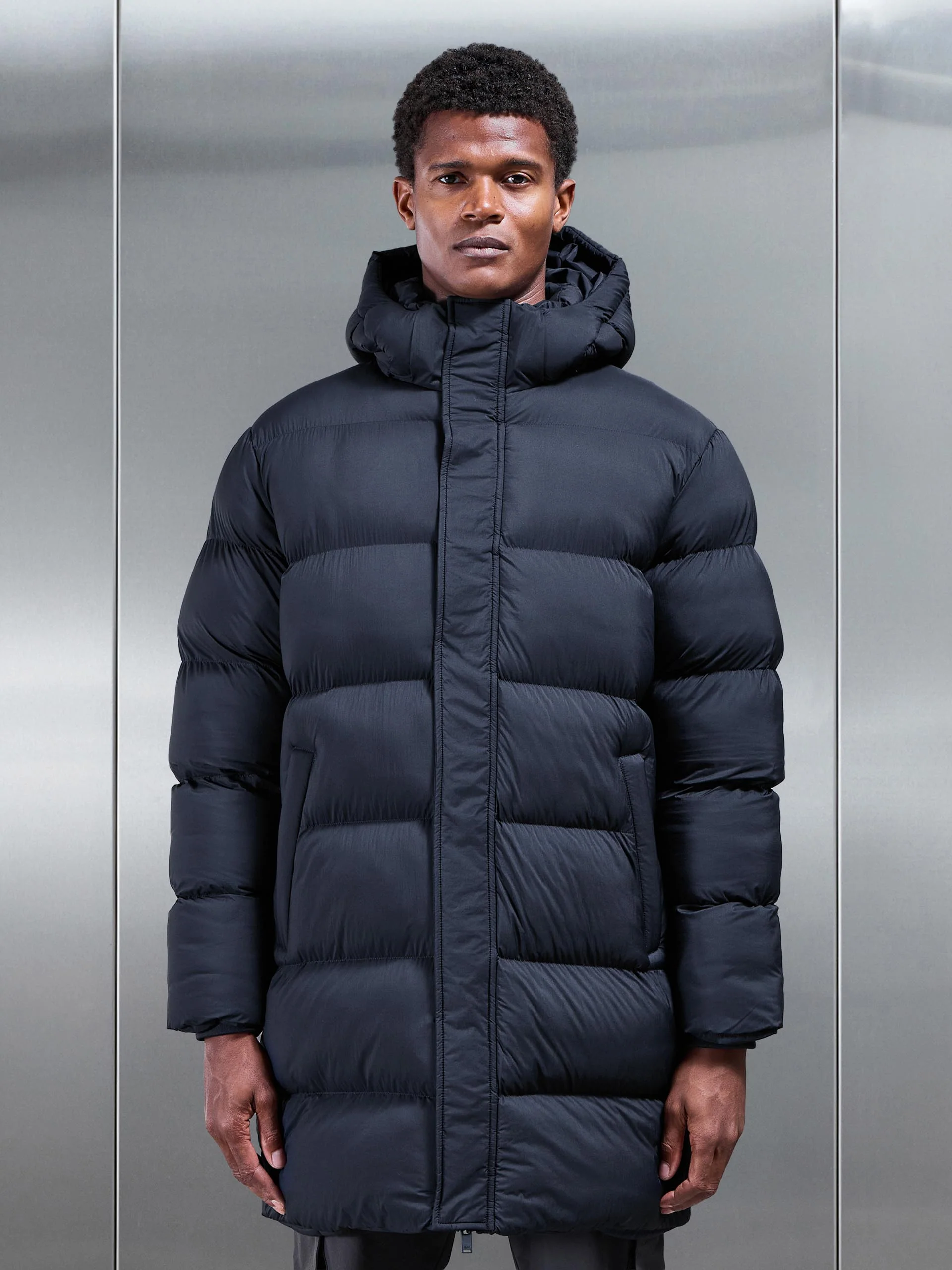 Matte Mid Length Puffer Jacket in Navy - Image 8