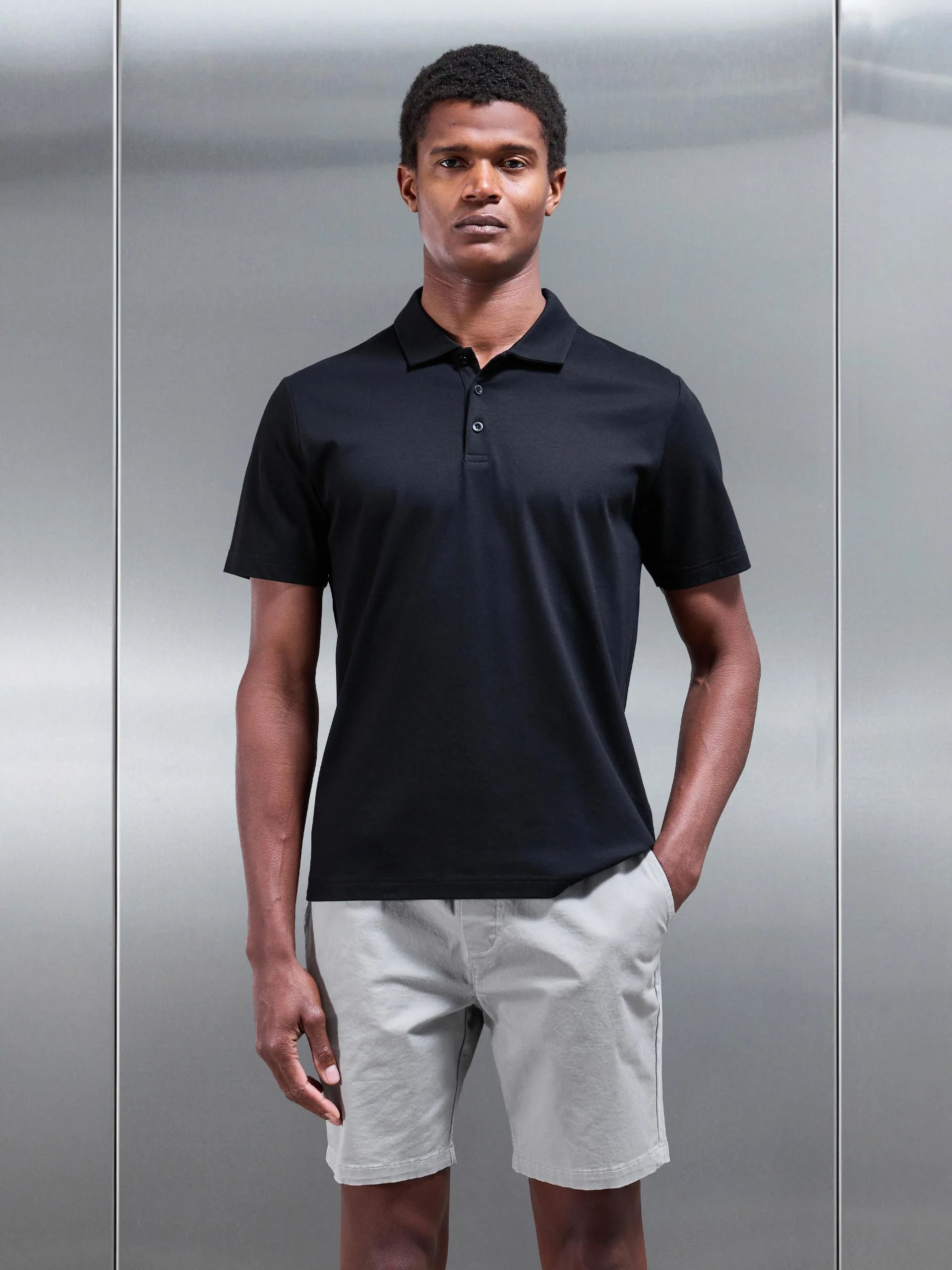 Mercerised Interlock Button Polo Shirt in Black - Image 3
