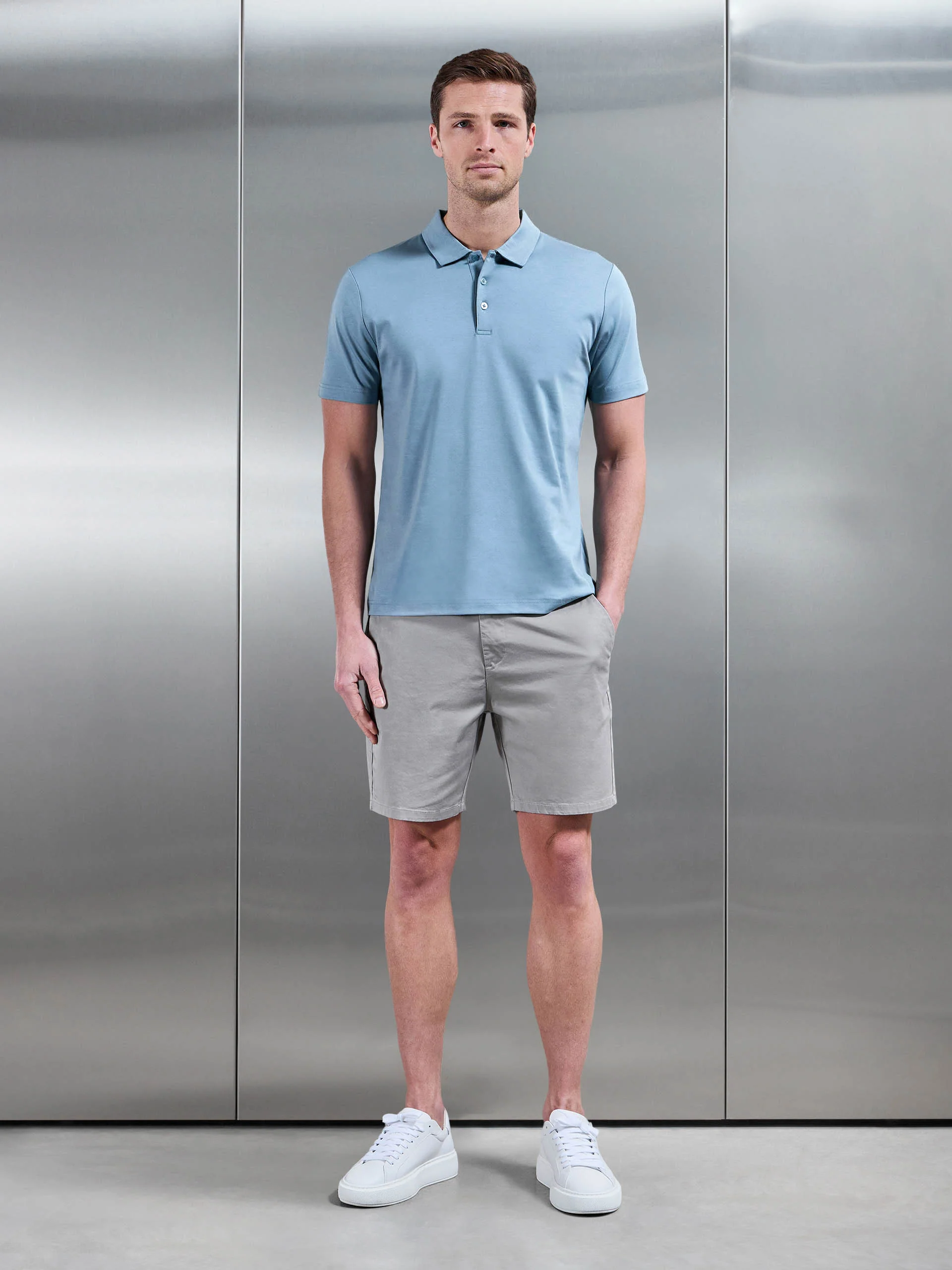 Mercerised Interlock Button Polo Shirt in Light Blue - Image 2