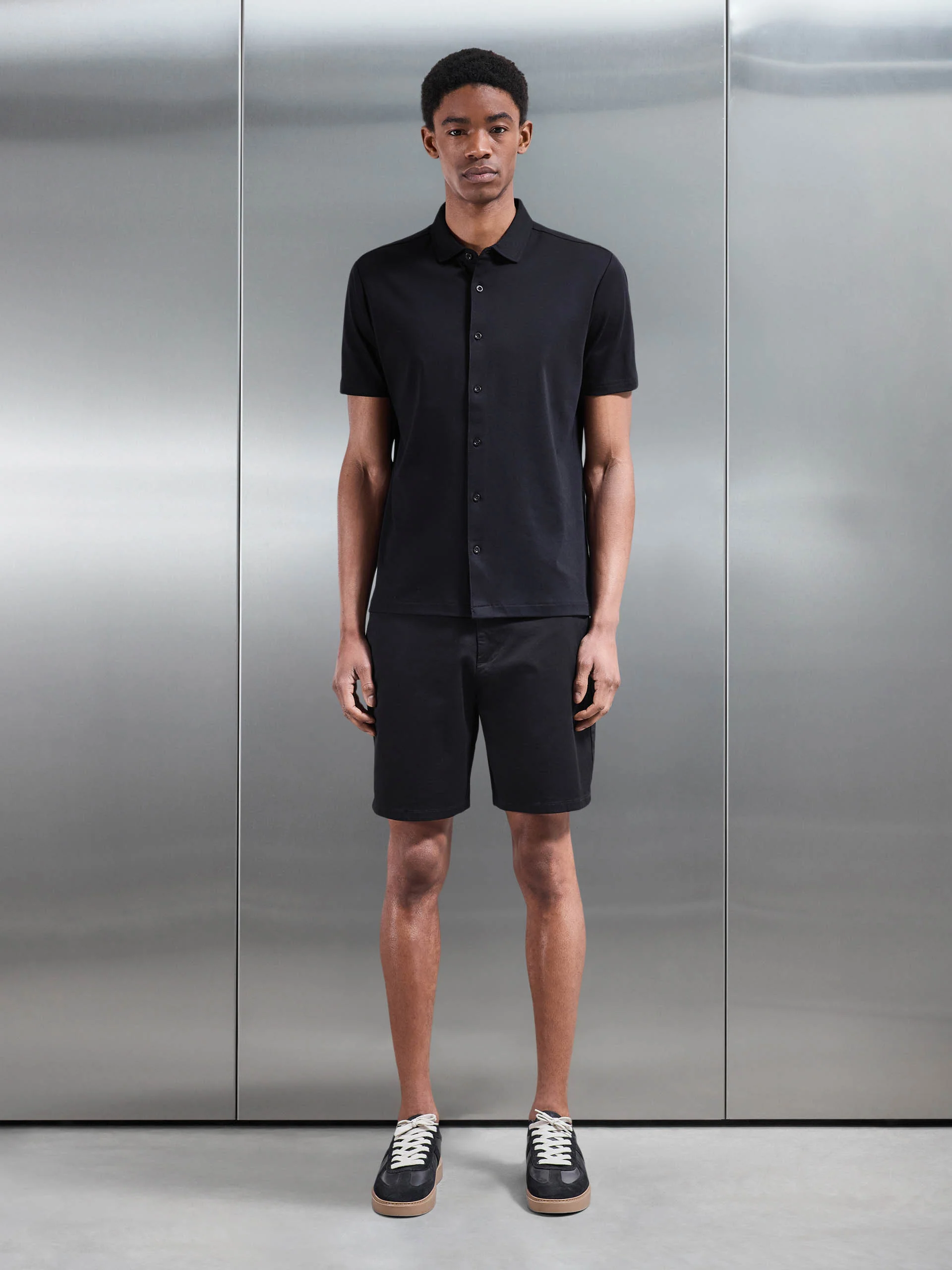 Mercerised Interlock Button Through Shirt in Black - Image 2