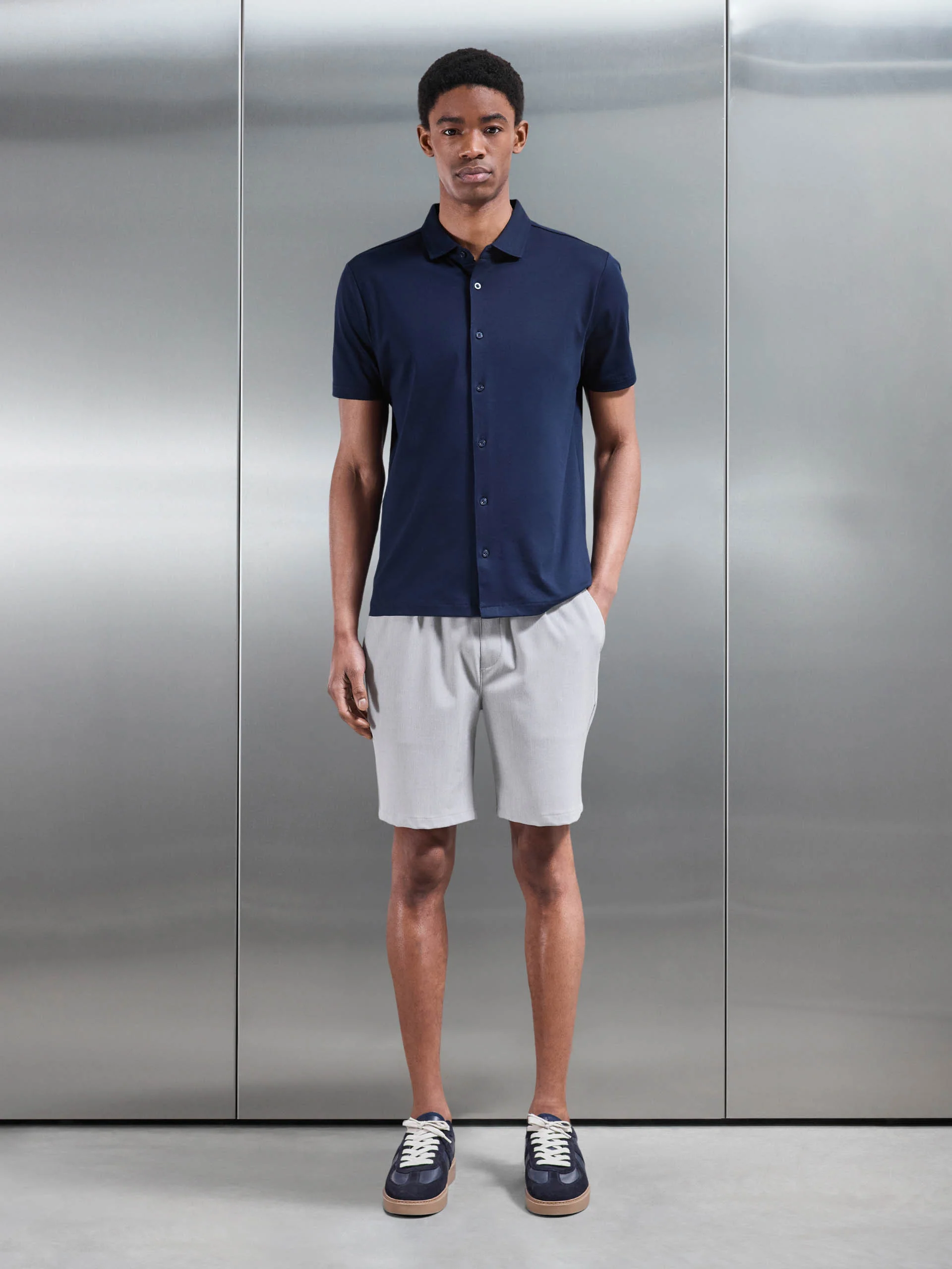 Mercerised Interlock Button Through Shirt in Navy - Image 2