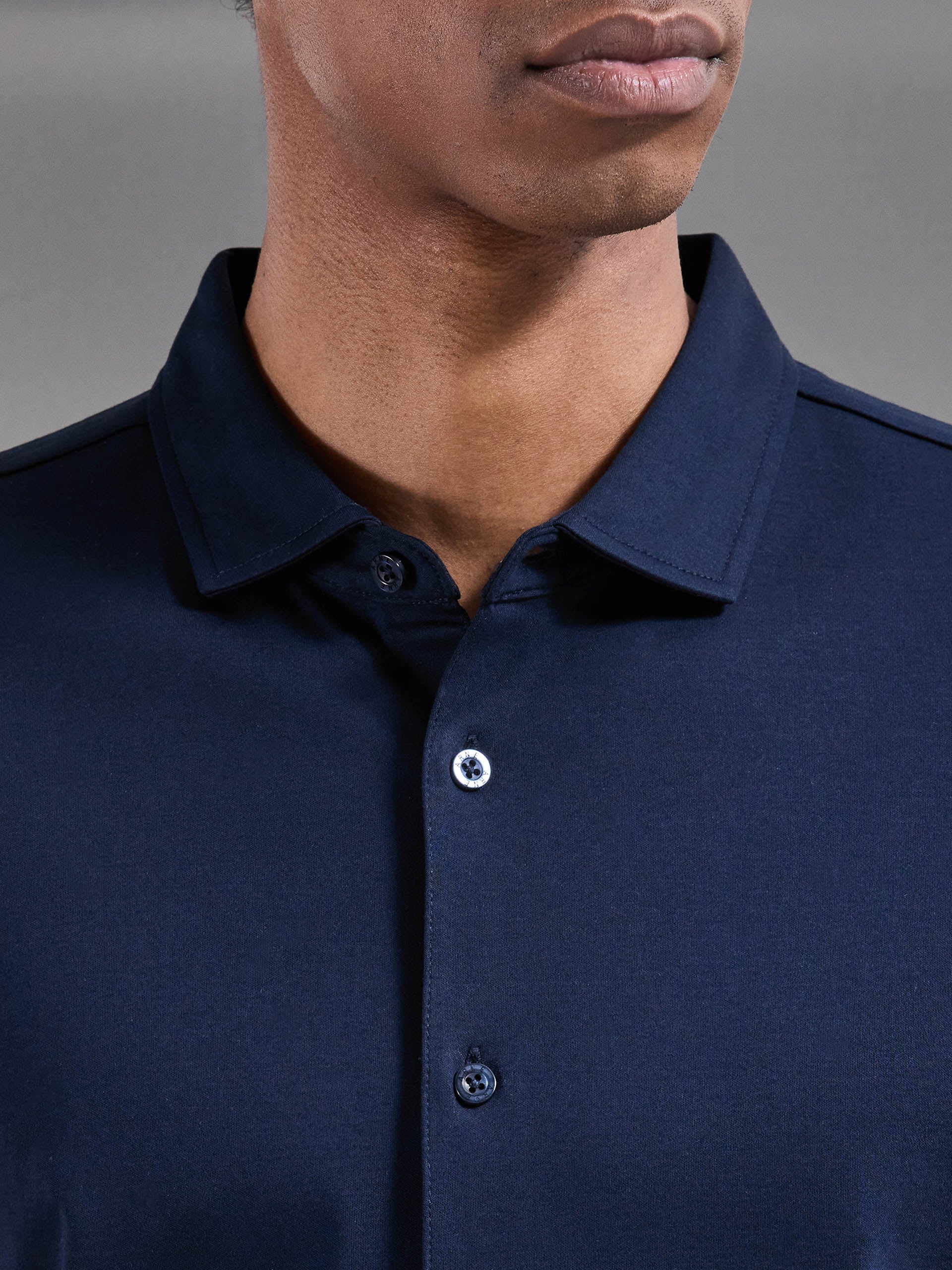 Mercerised Interlock Button Through Shirt in Navy - Image 4