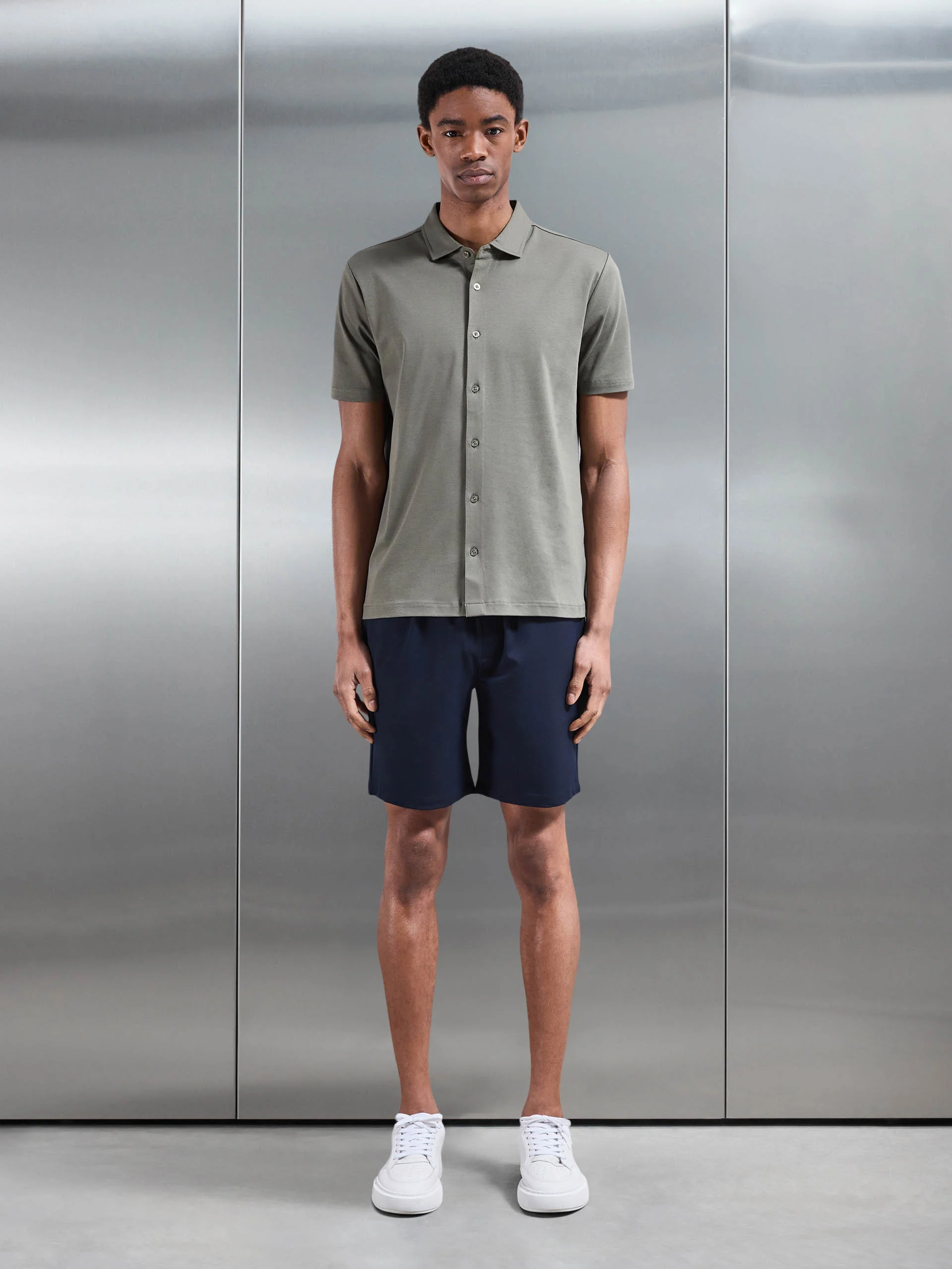 Mercerised Interlock Button Through Shirt in Sage - Image 2