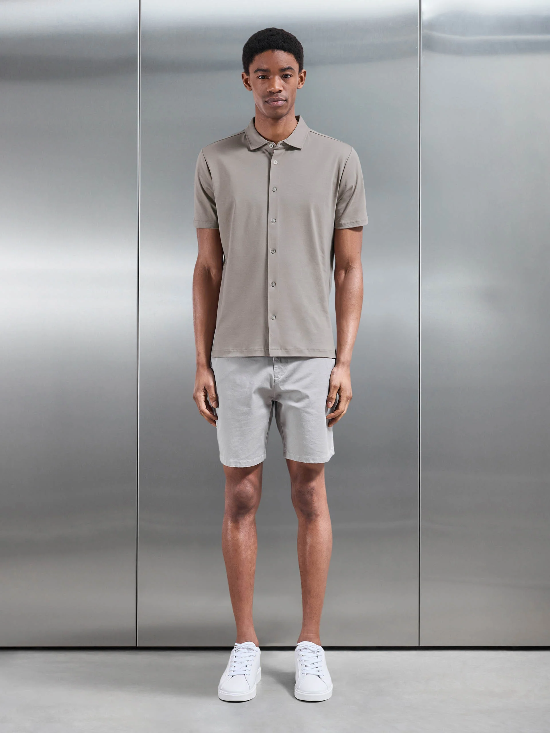 Mercerised Interlock Button Through Shirt in Taupe - Image 2