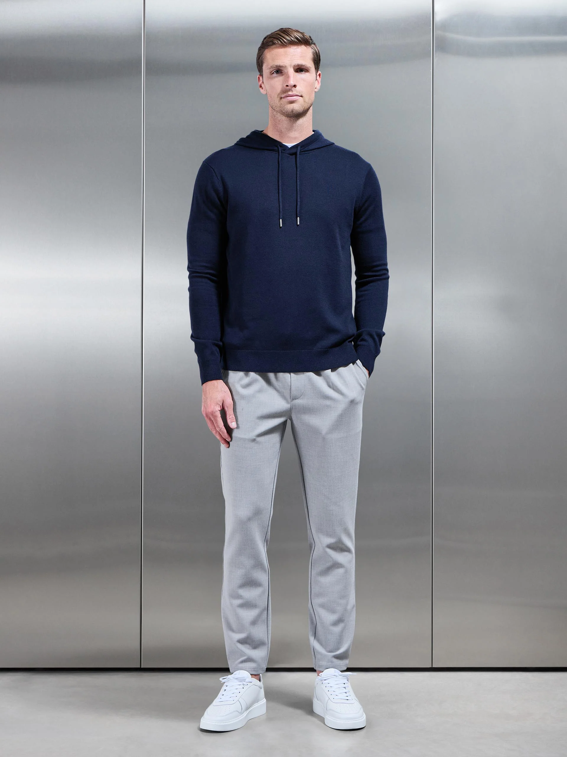 Mercerised Knitted Hoodie in Navy - Image 2