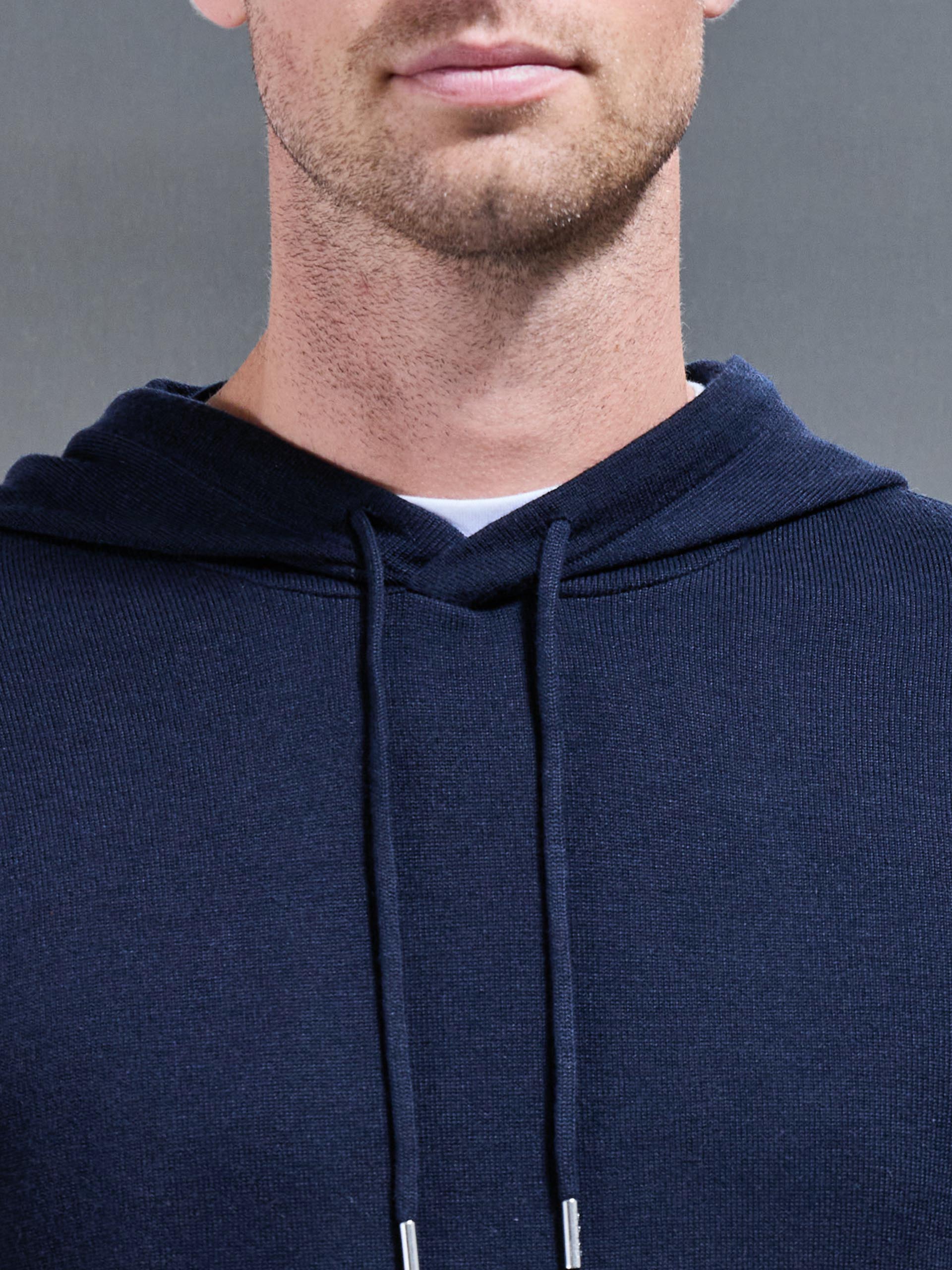Mercerised Knitted Hoodie in Navy - Image 4