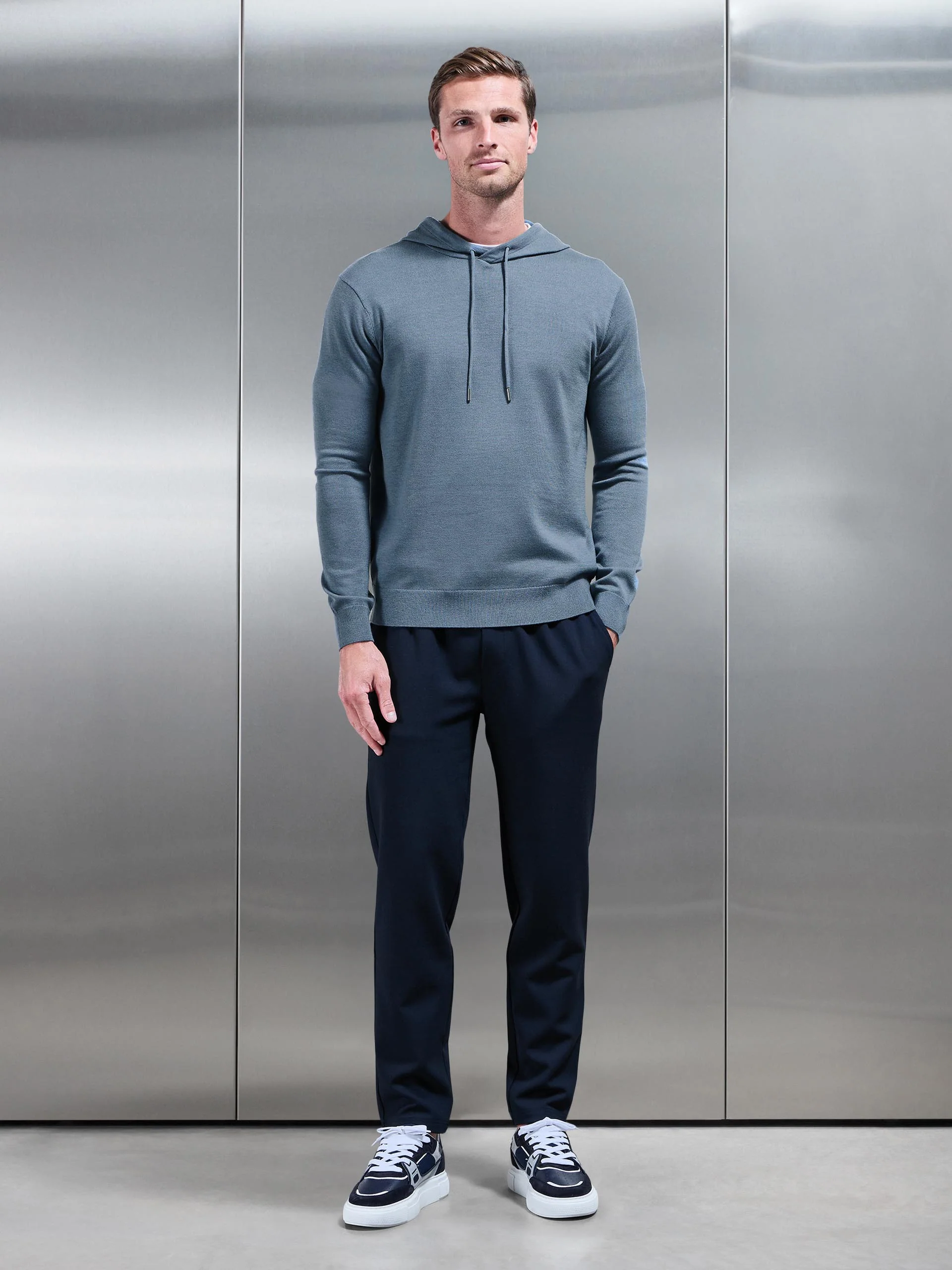 Mercerised Knitted Hoodie in Steel Blue - Image 3