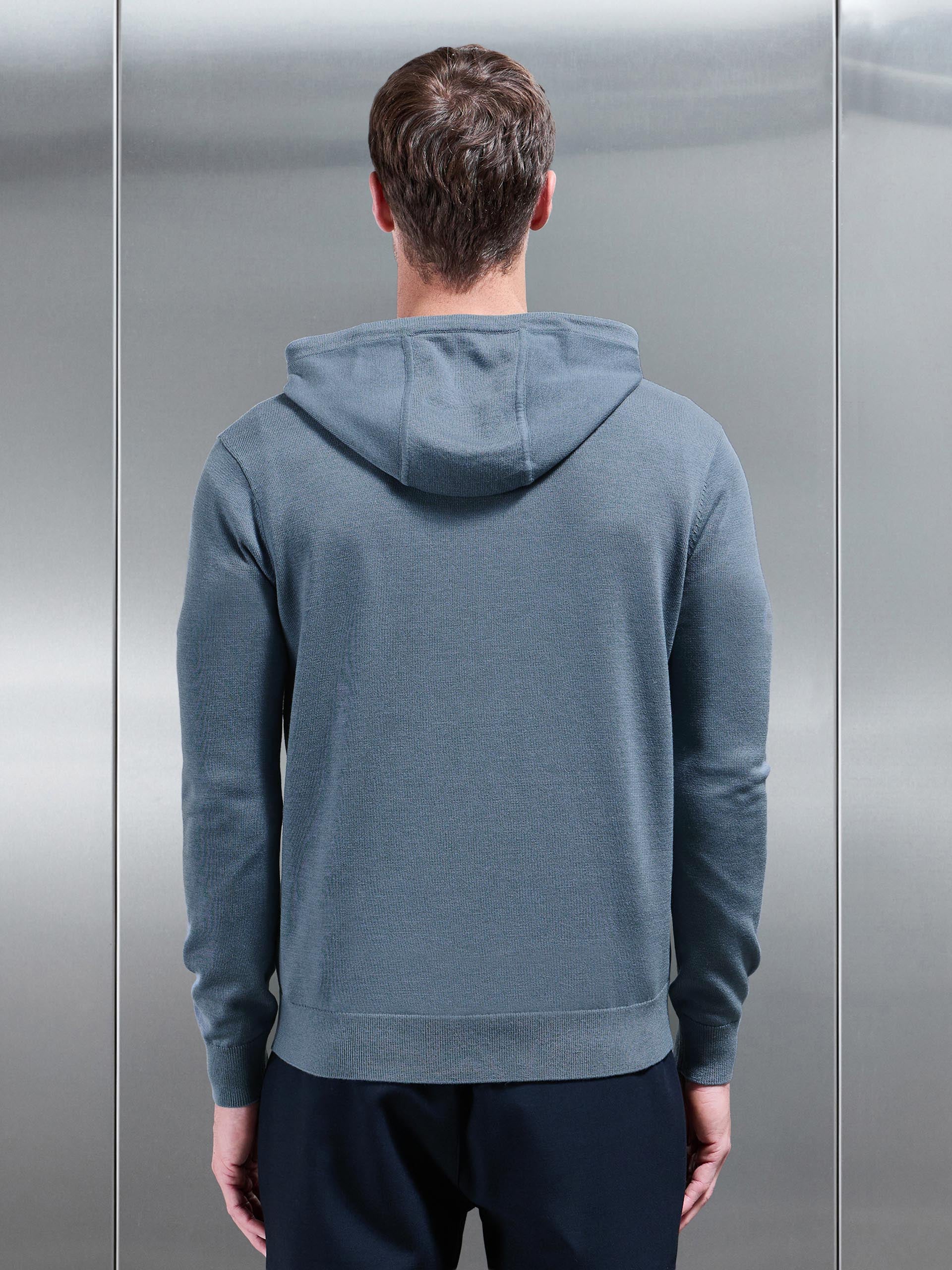 Mercerised Knitted Hoodie in Steel Blue - Image 4