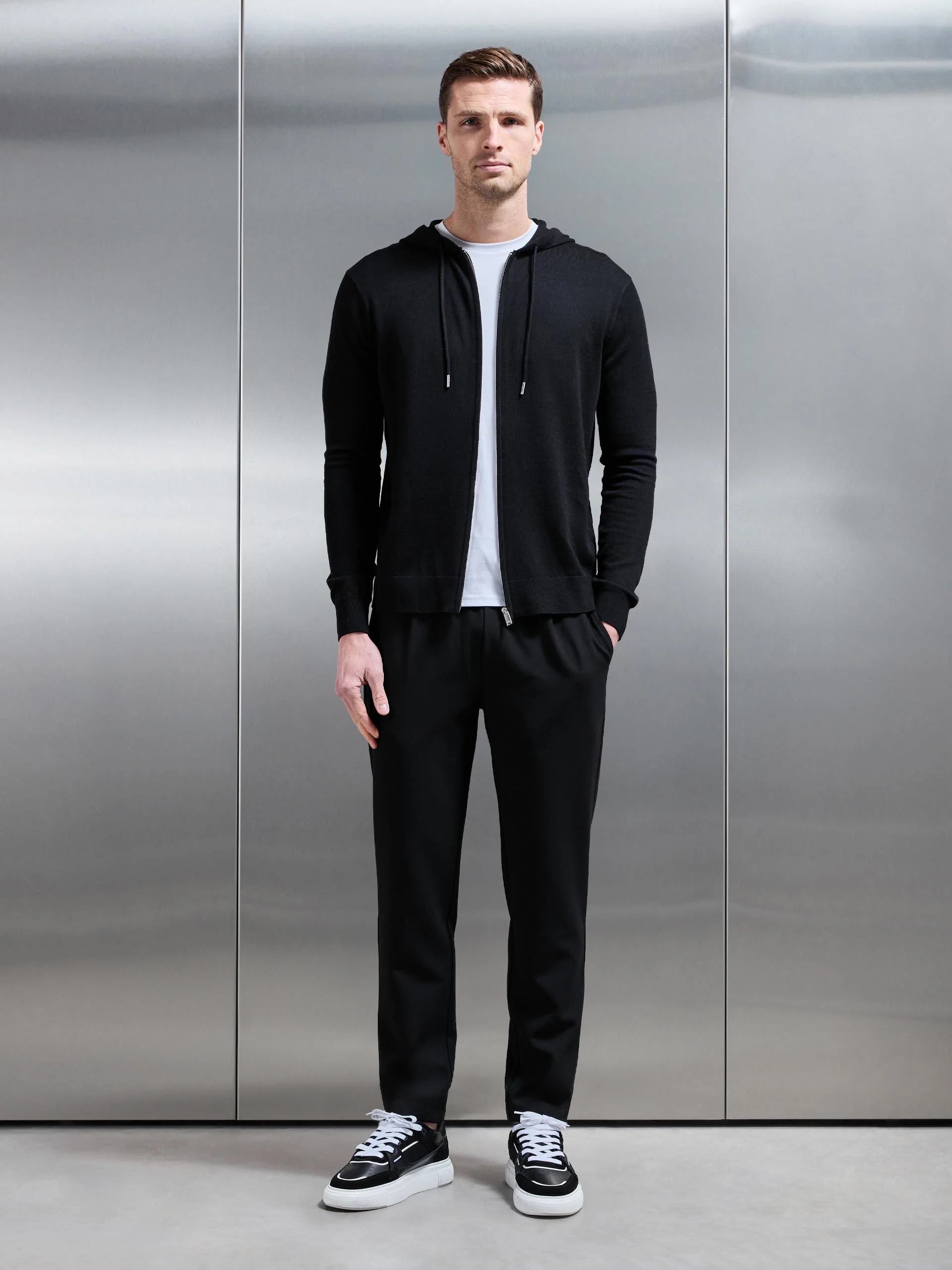 Mercerised Knitted Zip Hoodie in Black - Image 2