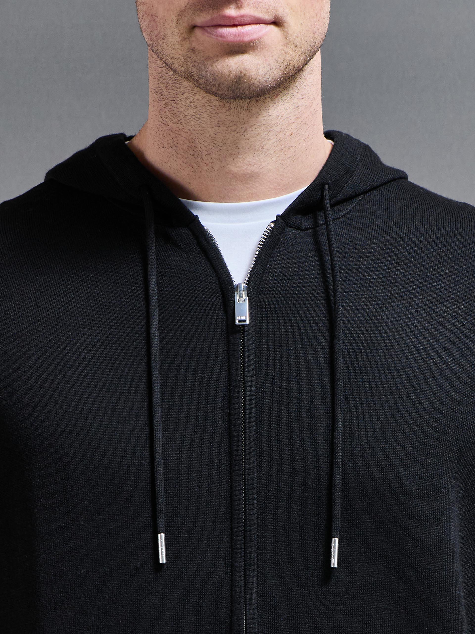 Mercerised Knitted Zip Hoodie in Black - Image 4