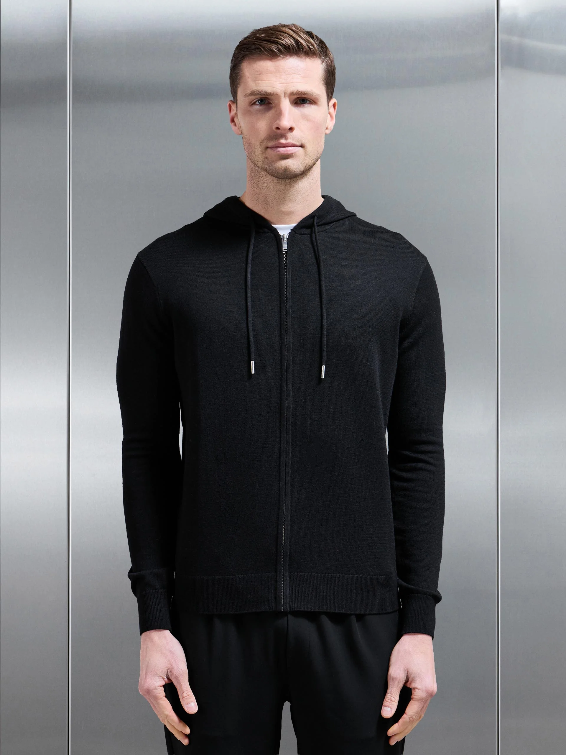 Mercerised Knitted Zip Hoodie in Black - Image 5