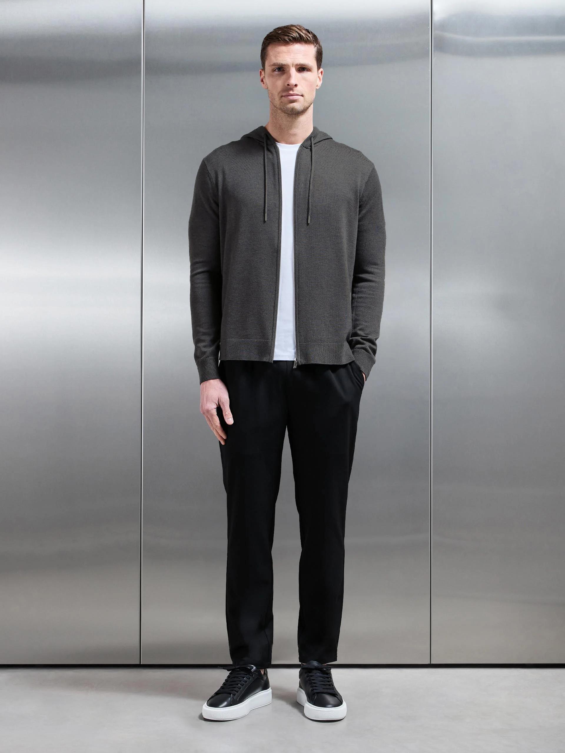 Mercerised Knitted Zip Hoodie in Charcoal Marl - Image 2