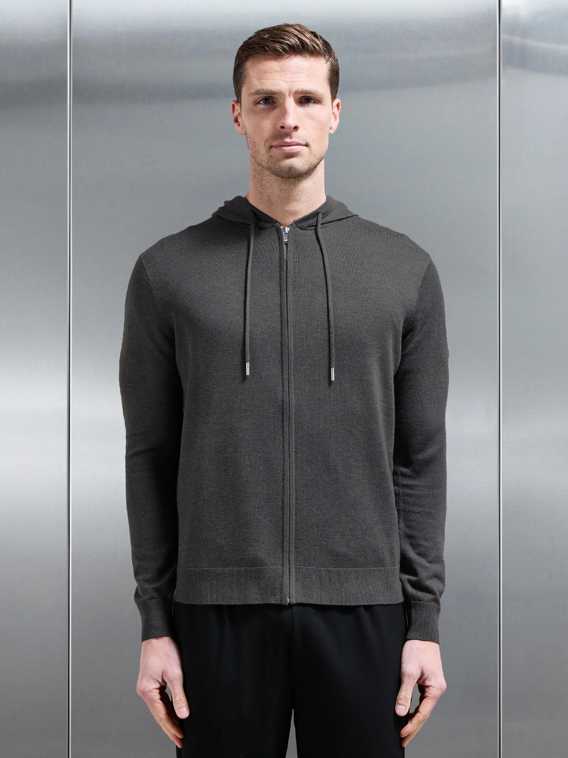 Mercerised Knitted Zip Hoodie in Charcoal Marl - Image 5