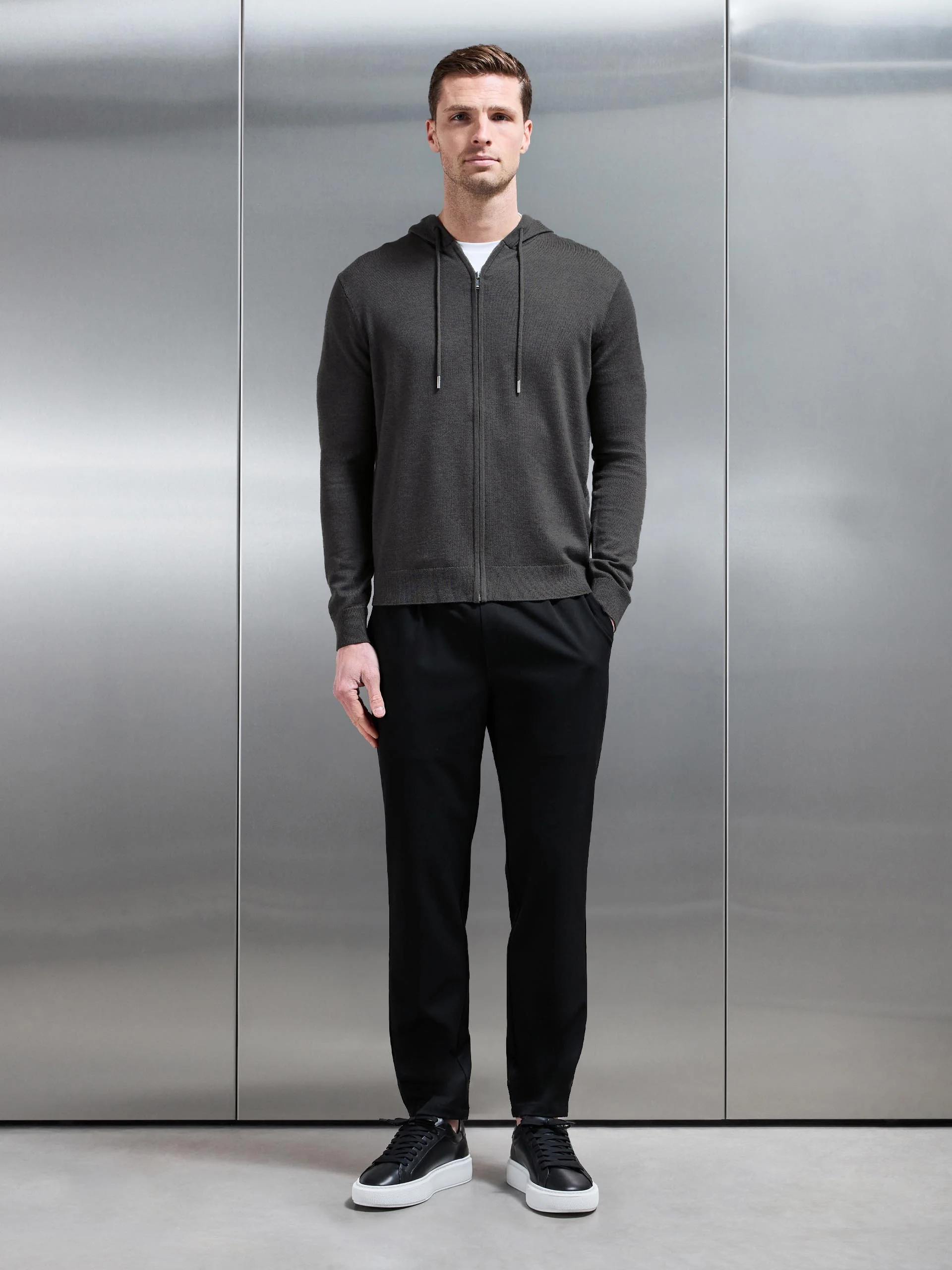 Mercerised Knitted Zip Hoodie in Charcoal Marl - Image 6