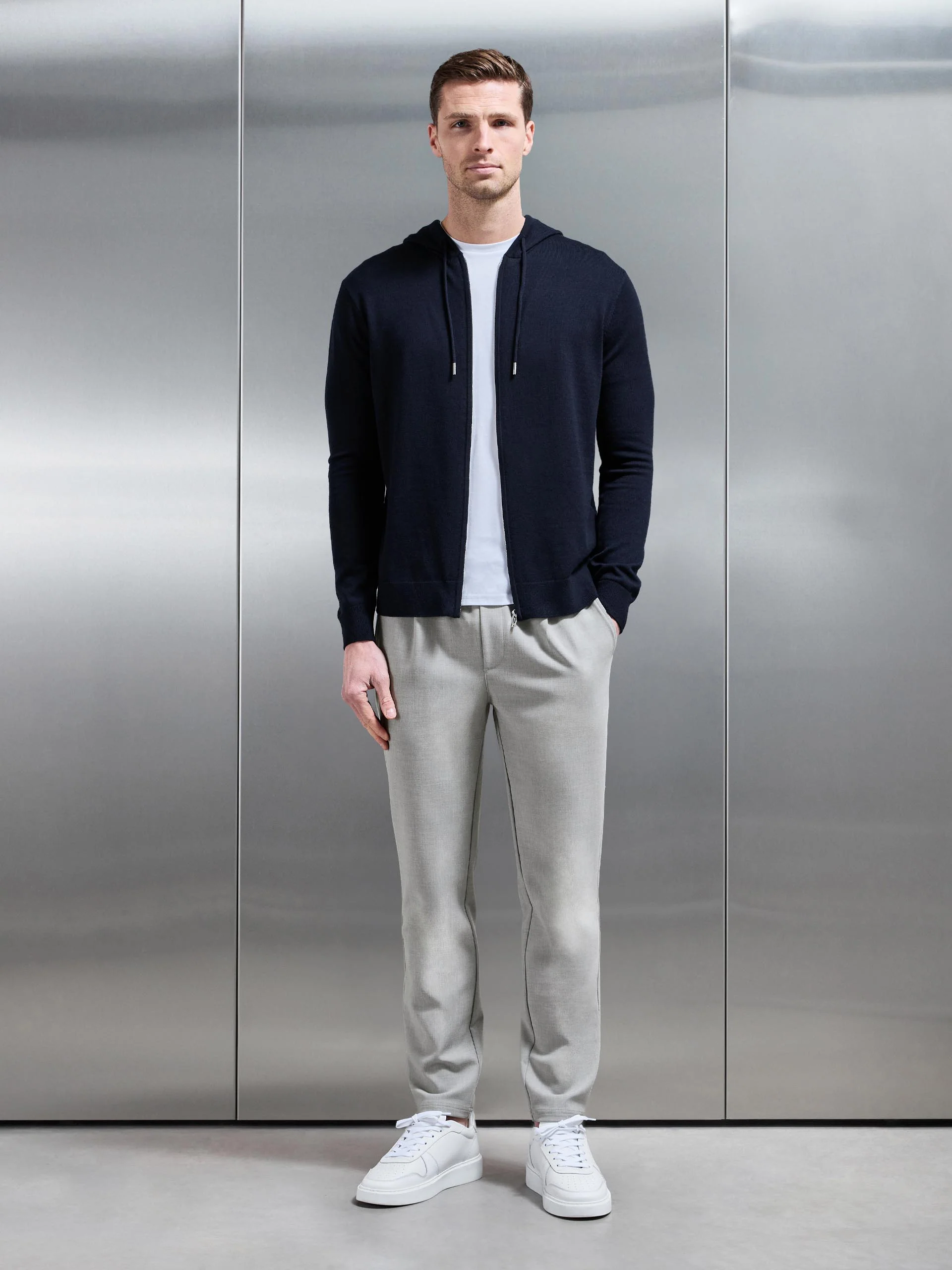 Mercerised Knitted Zip Hoodie in Navy - Image 2