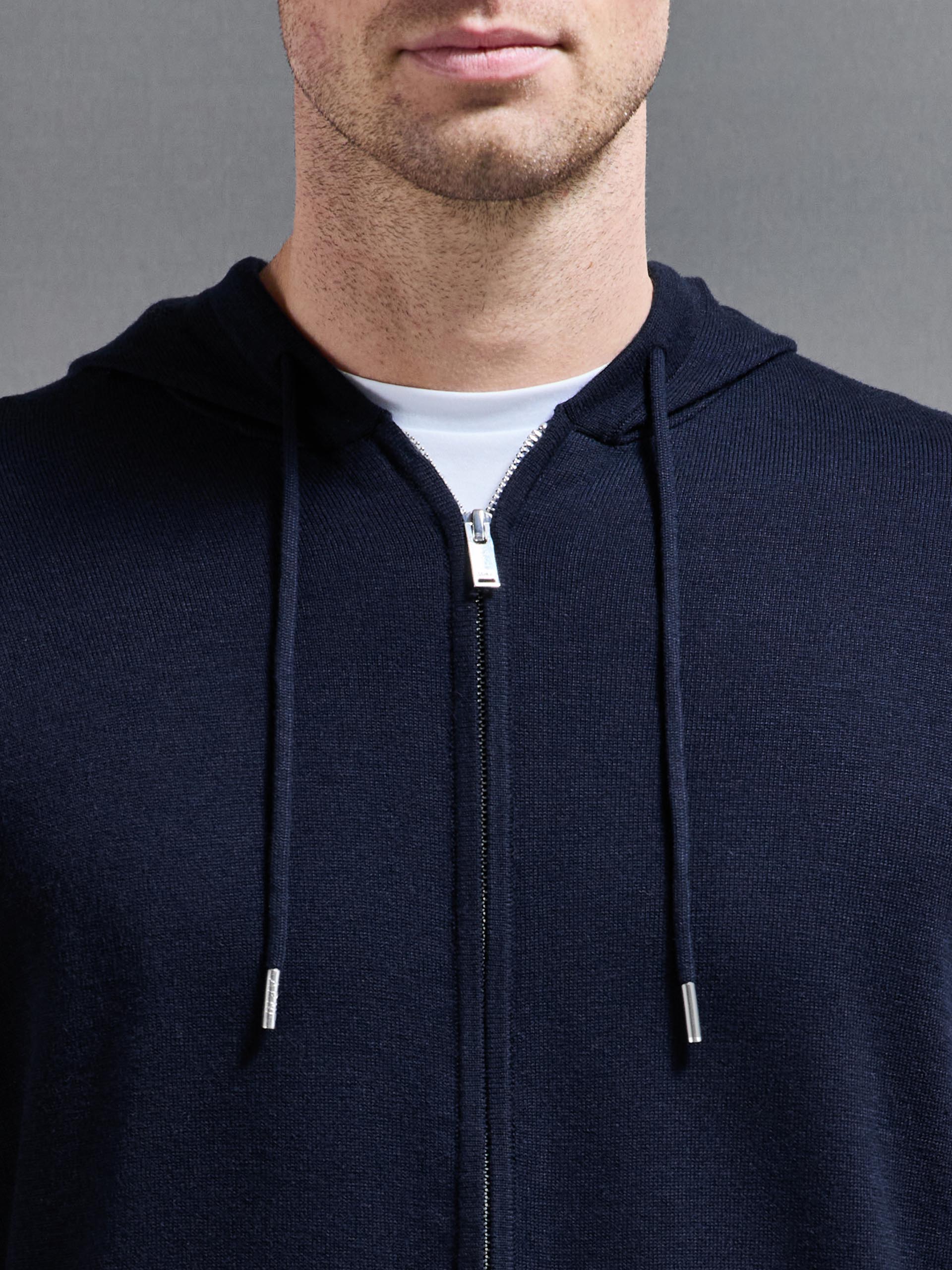 Mercerised Knitted Zip Hoodie in Navy - Image 4