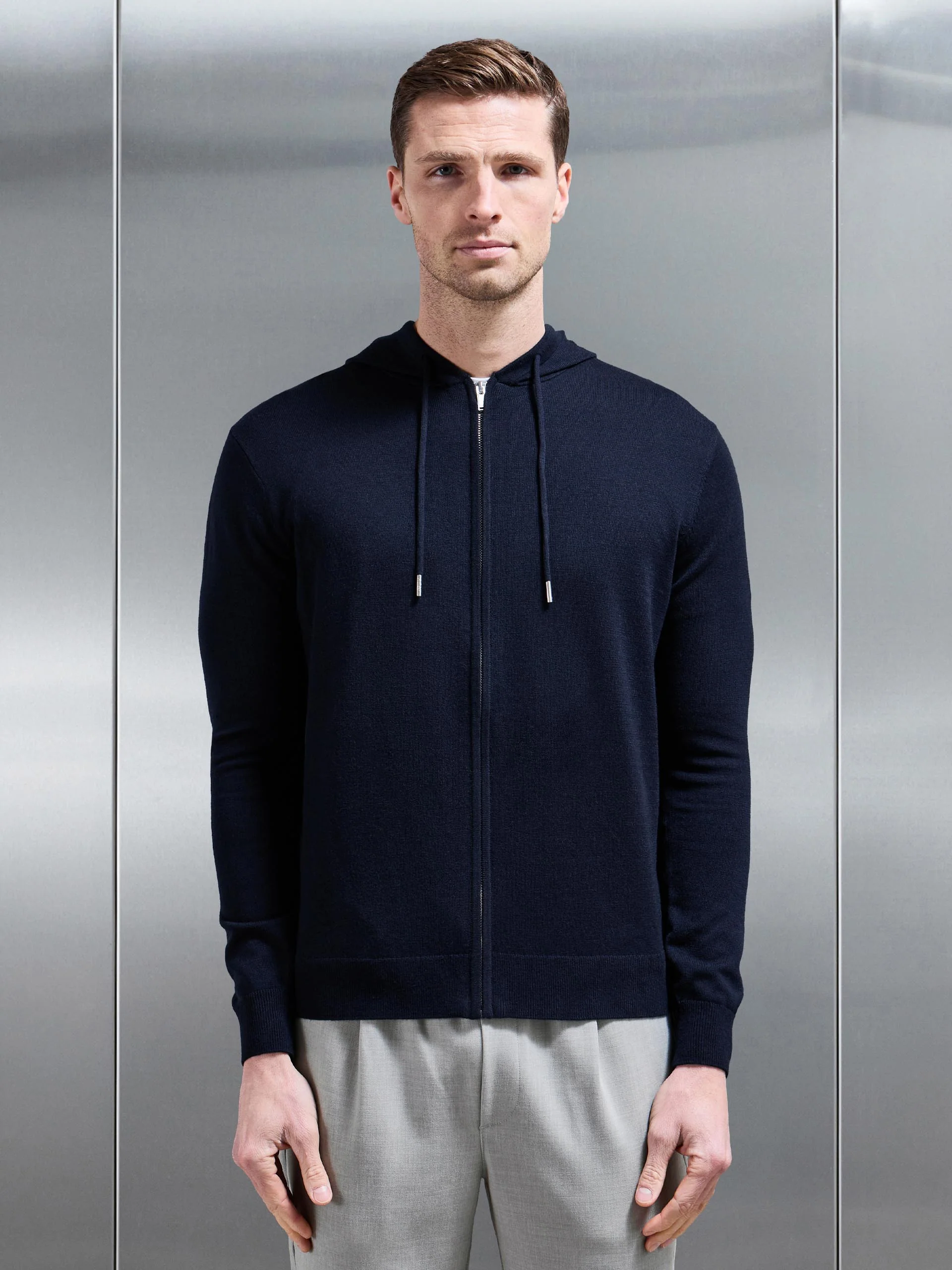 Mercerised Knitted Zip Hoodie in Navy - Image 5