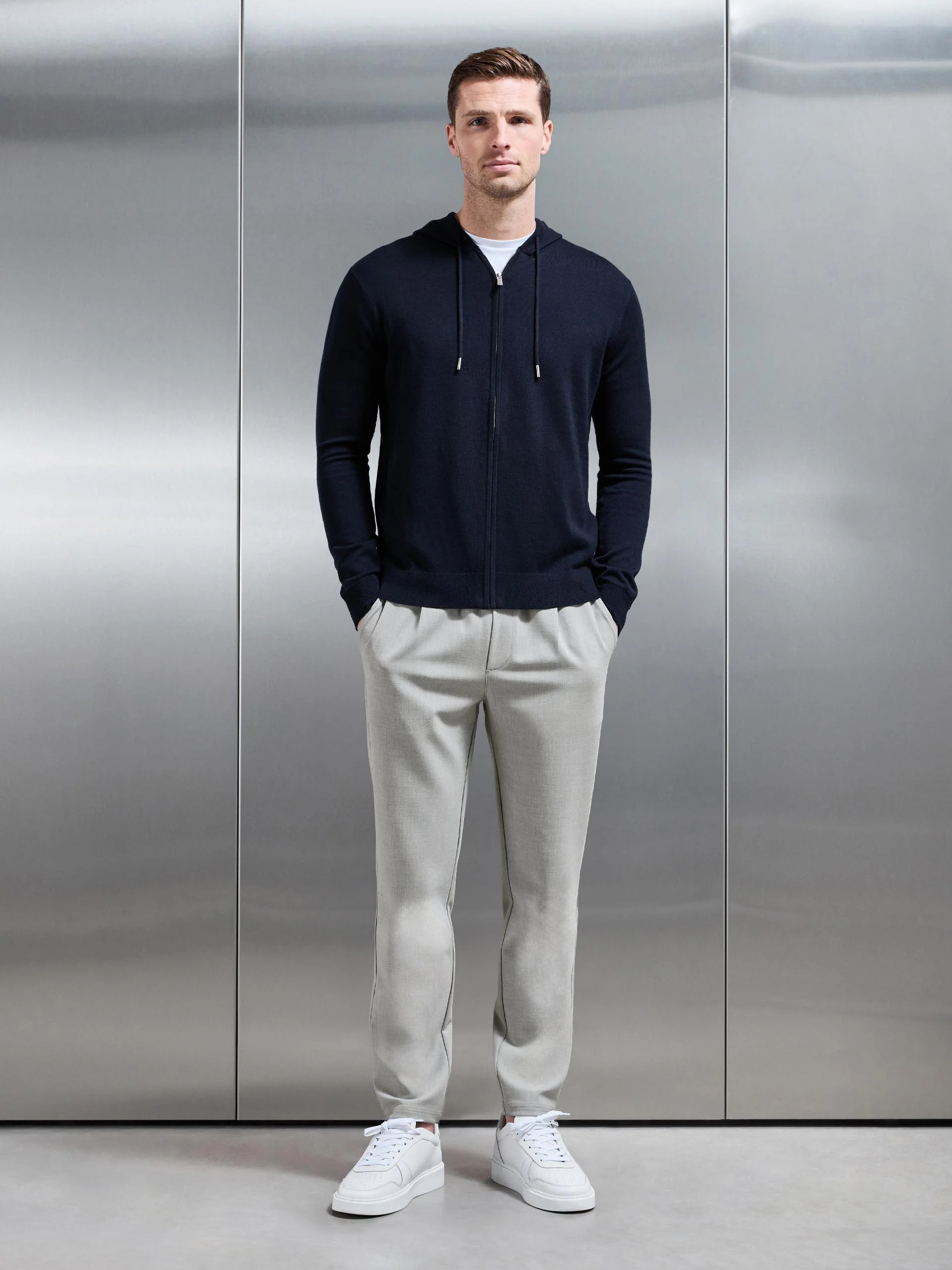 Mercerised Knitted Zip Hoodie in Navy - Image 6