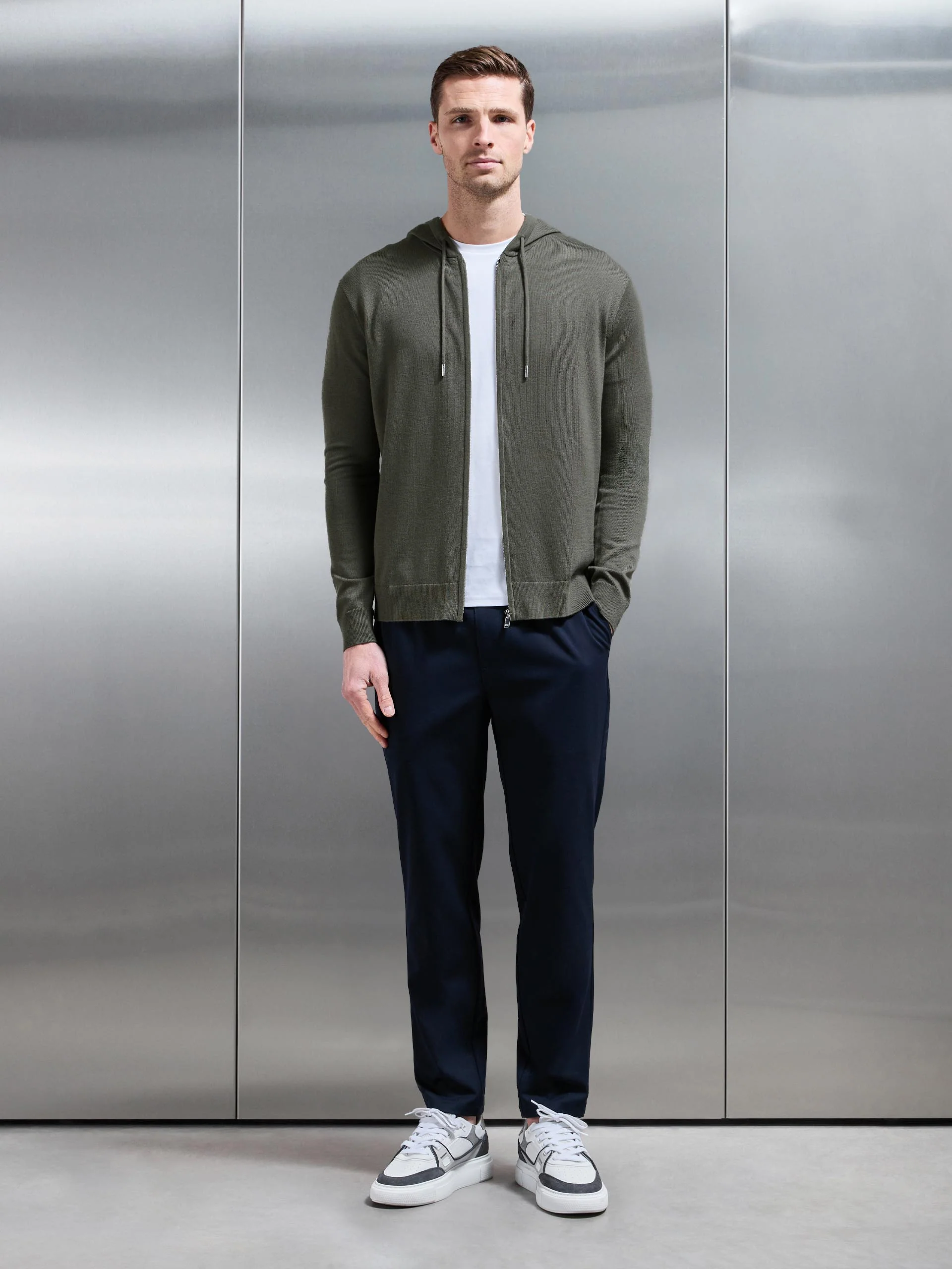 Mercerised Knitted Zip Hoodie in Sage - Image 2