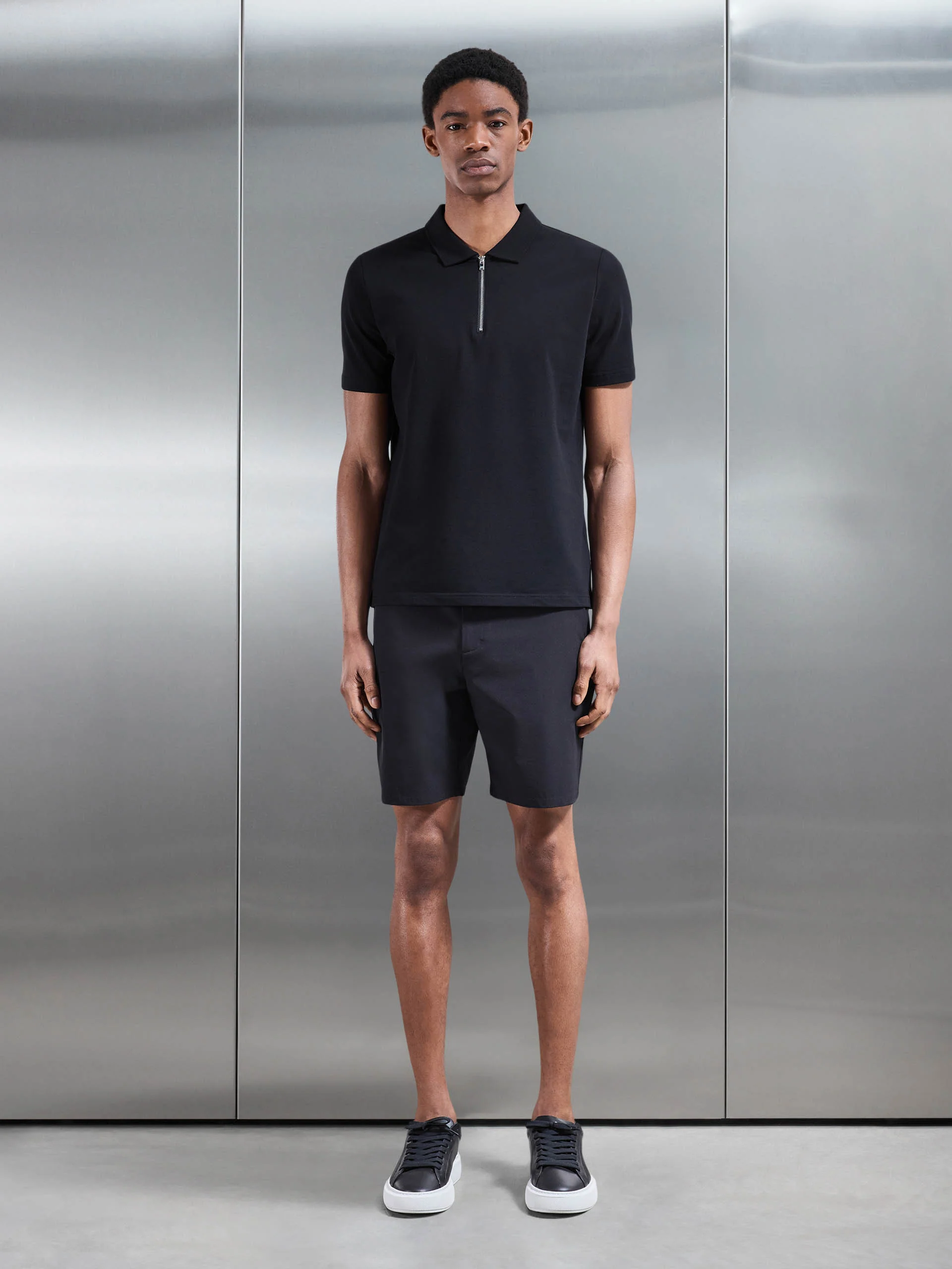 Mercerised Pique Zip Polo Shirt in Black - Image 2