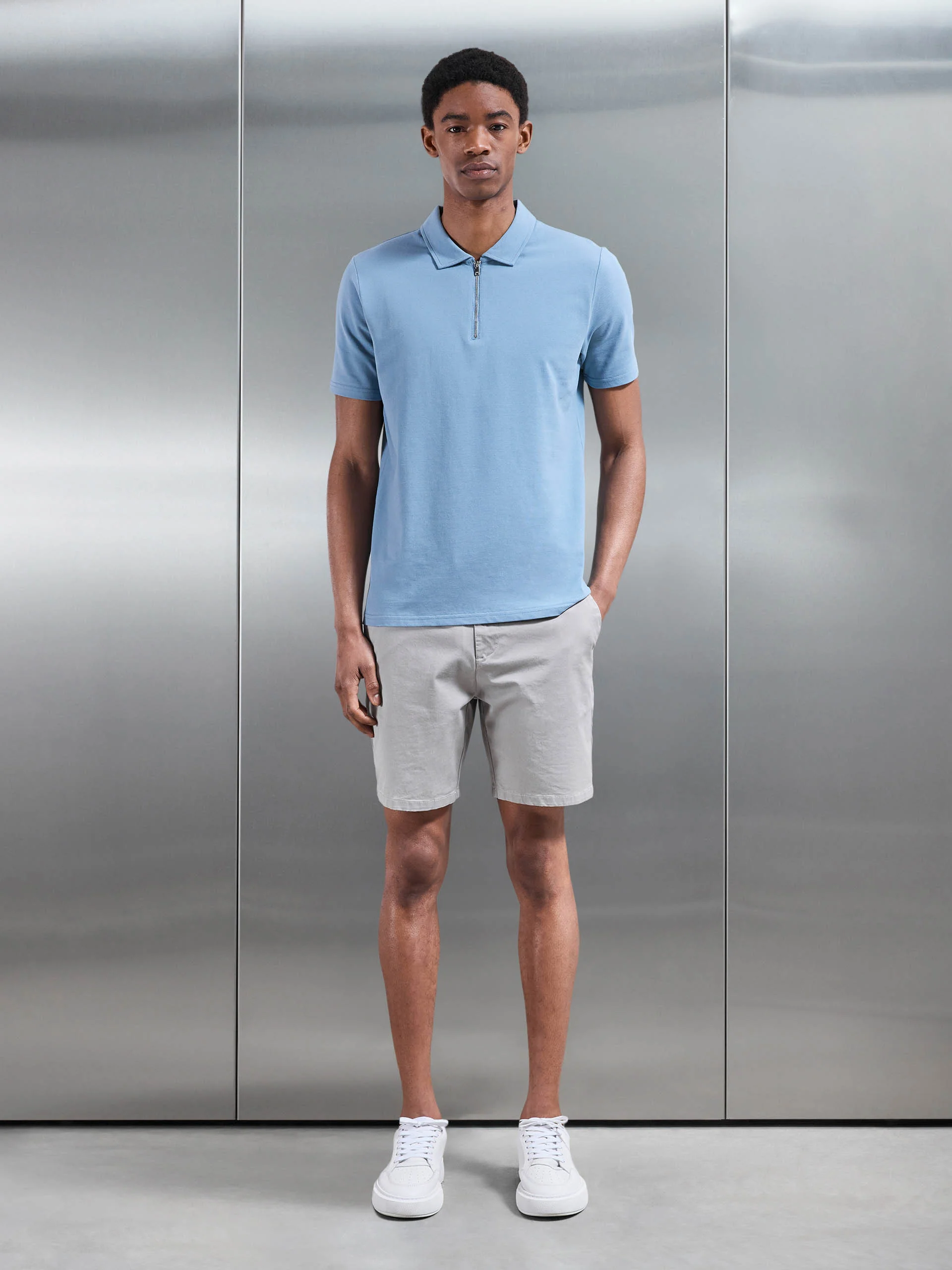 Mercerised Pique Zip Polo Shirt in Light Blue - Image 2