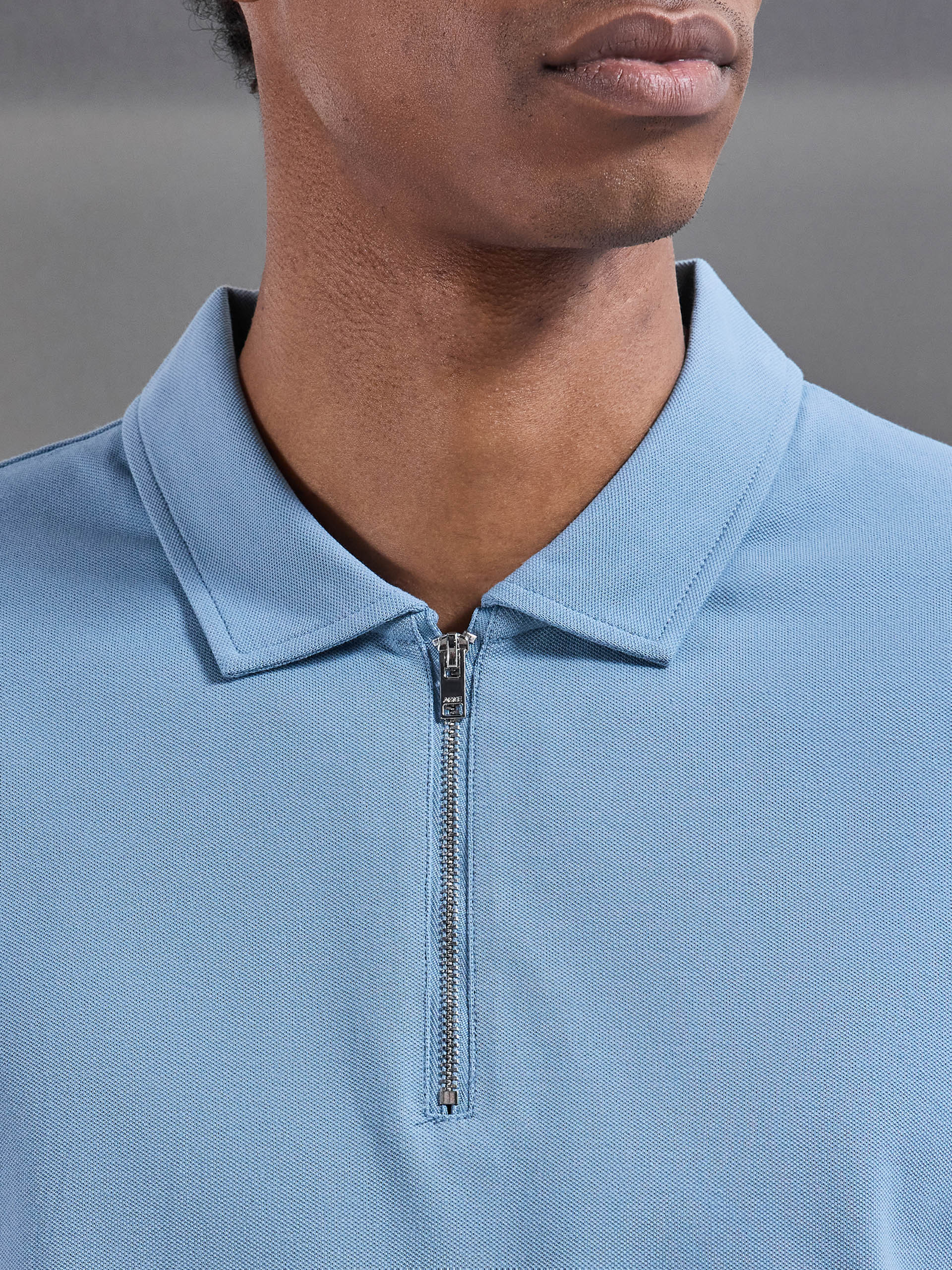 Mercerised Pique Zip Polo Shirt in Light Blue - Image 4