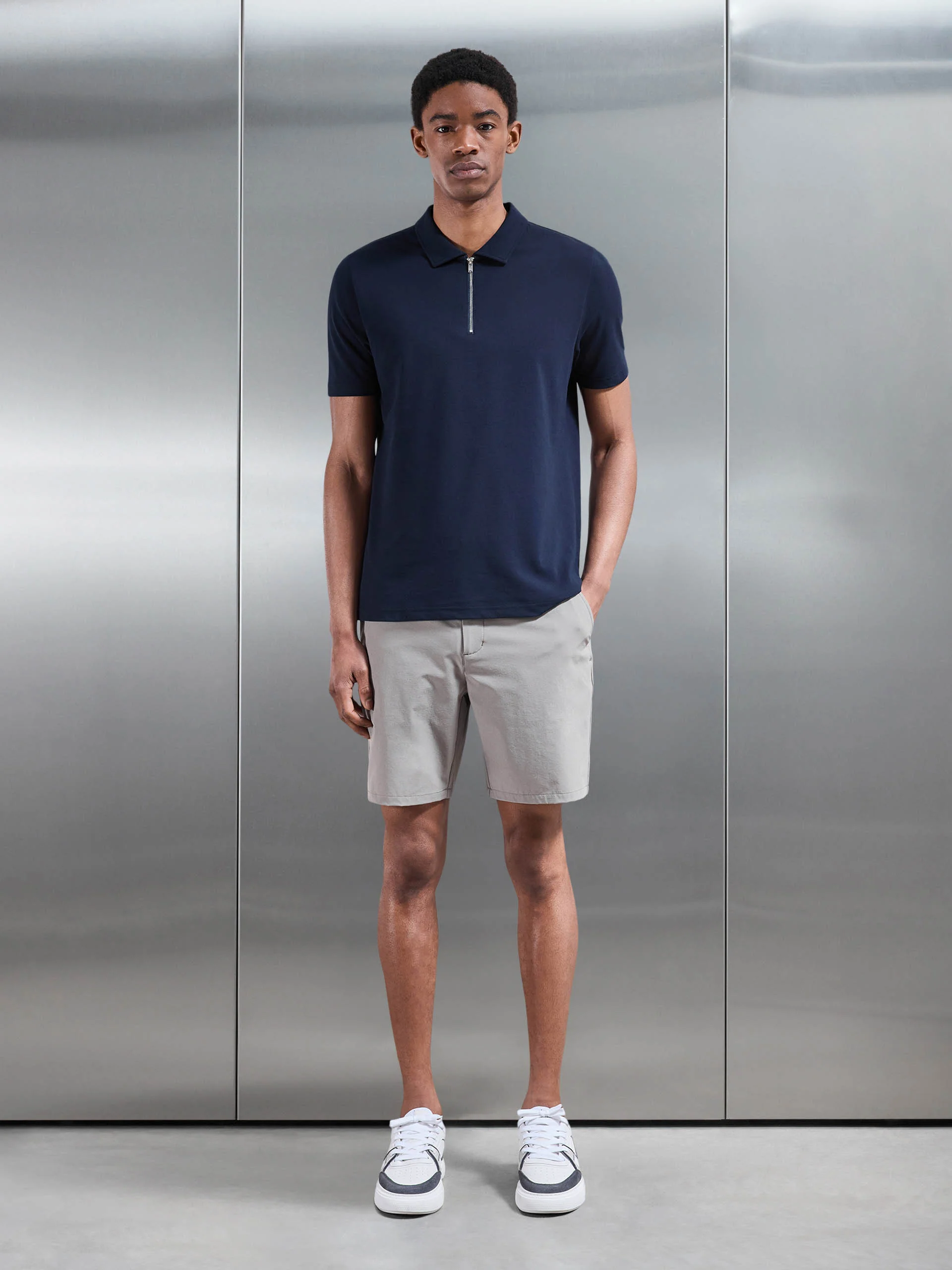 Mercerised Pique Zip Polo Shirt in Navy - Image 2