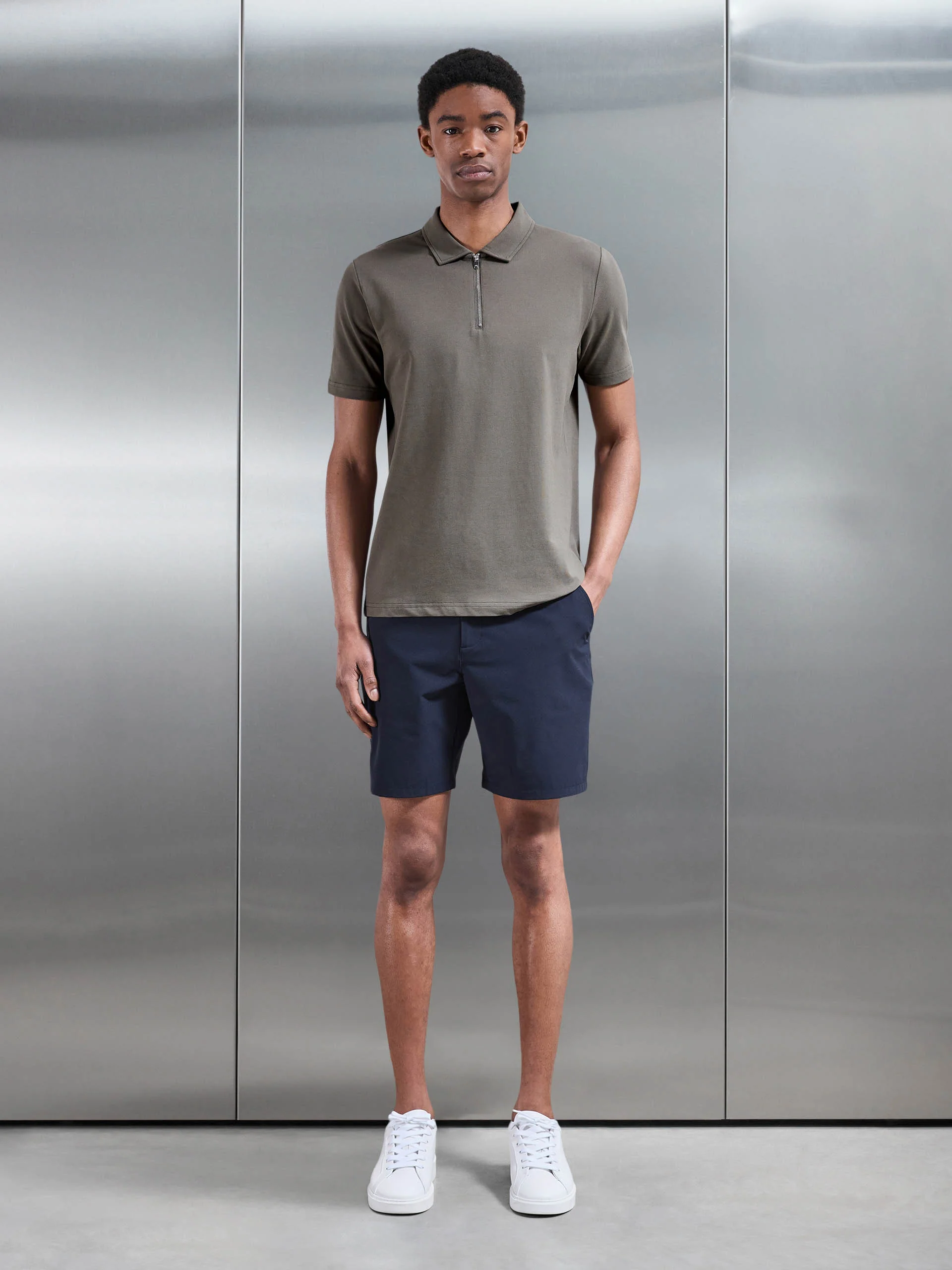 Mercerised Pique Zip Polo Shirt in Sage - Image 2