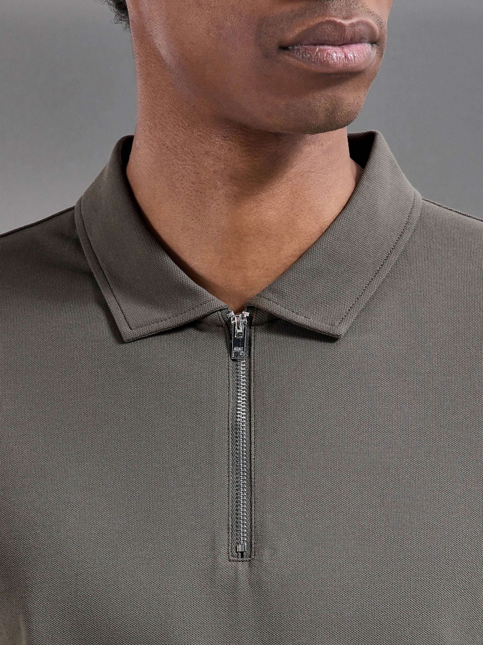 Mercerised Pique Zip Polo Shirt in Sage - Image 4