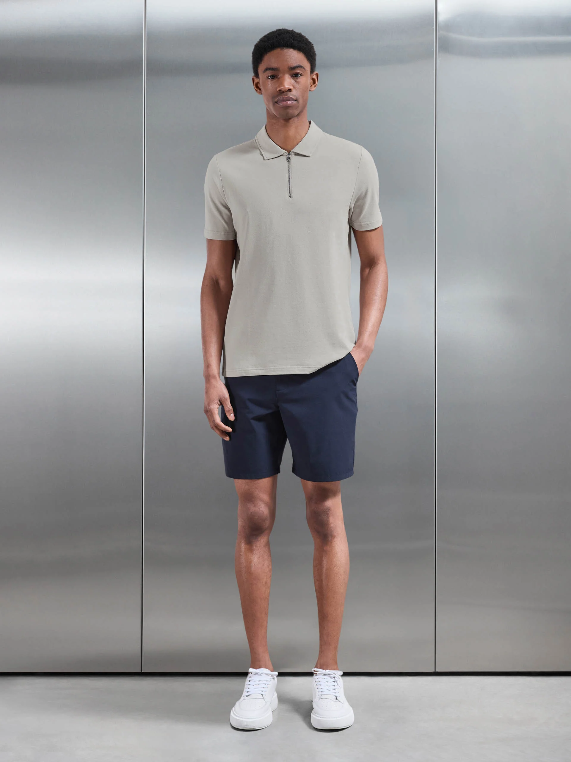 Mercerised Pique Zip Polo Shirt In Stone - Image 2