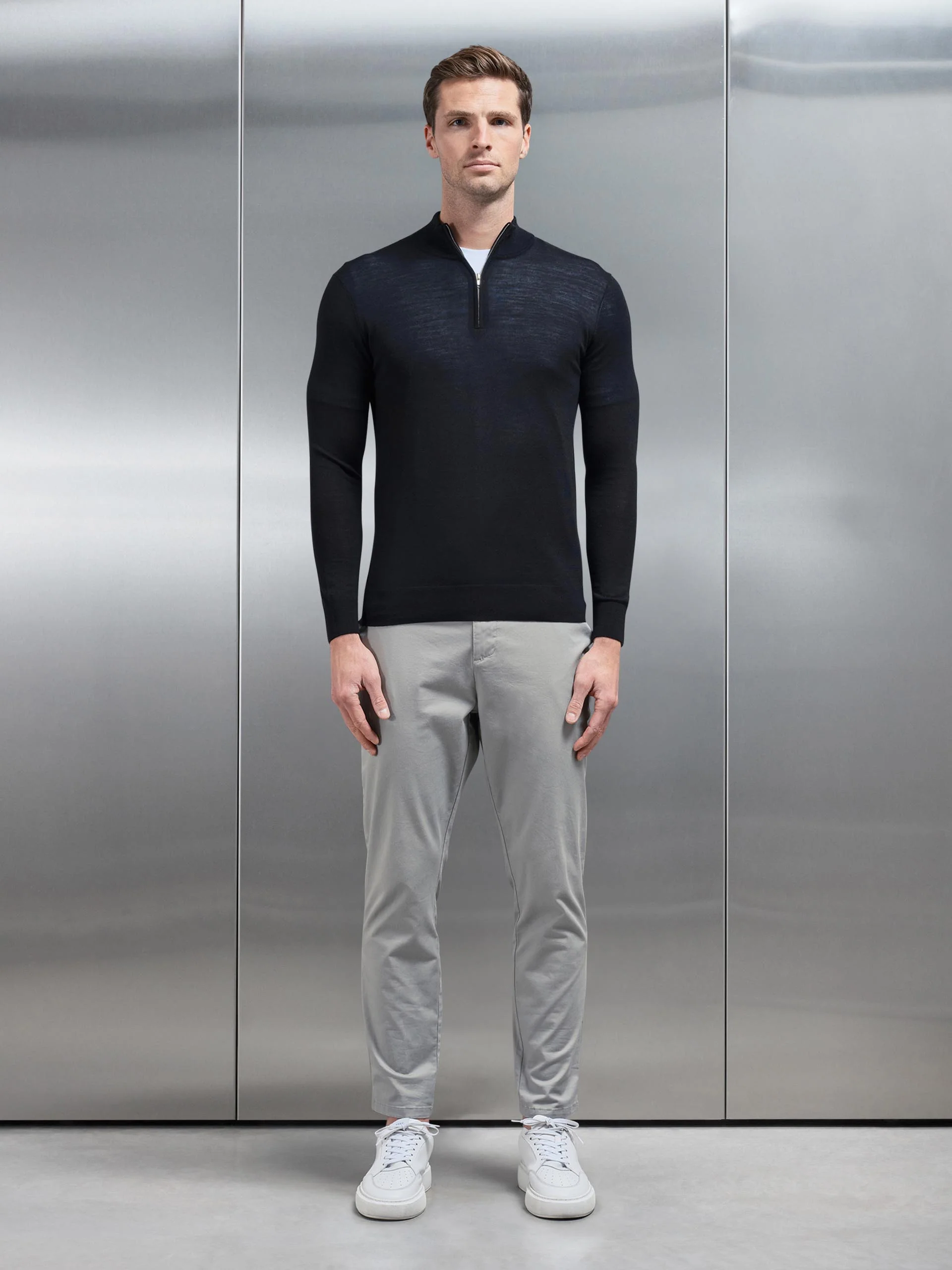 Merino Wool Half Zip Funnel Neck in Black - Image 2