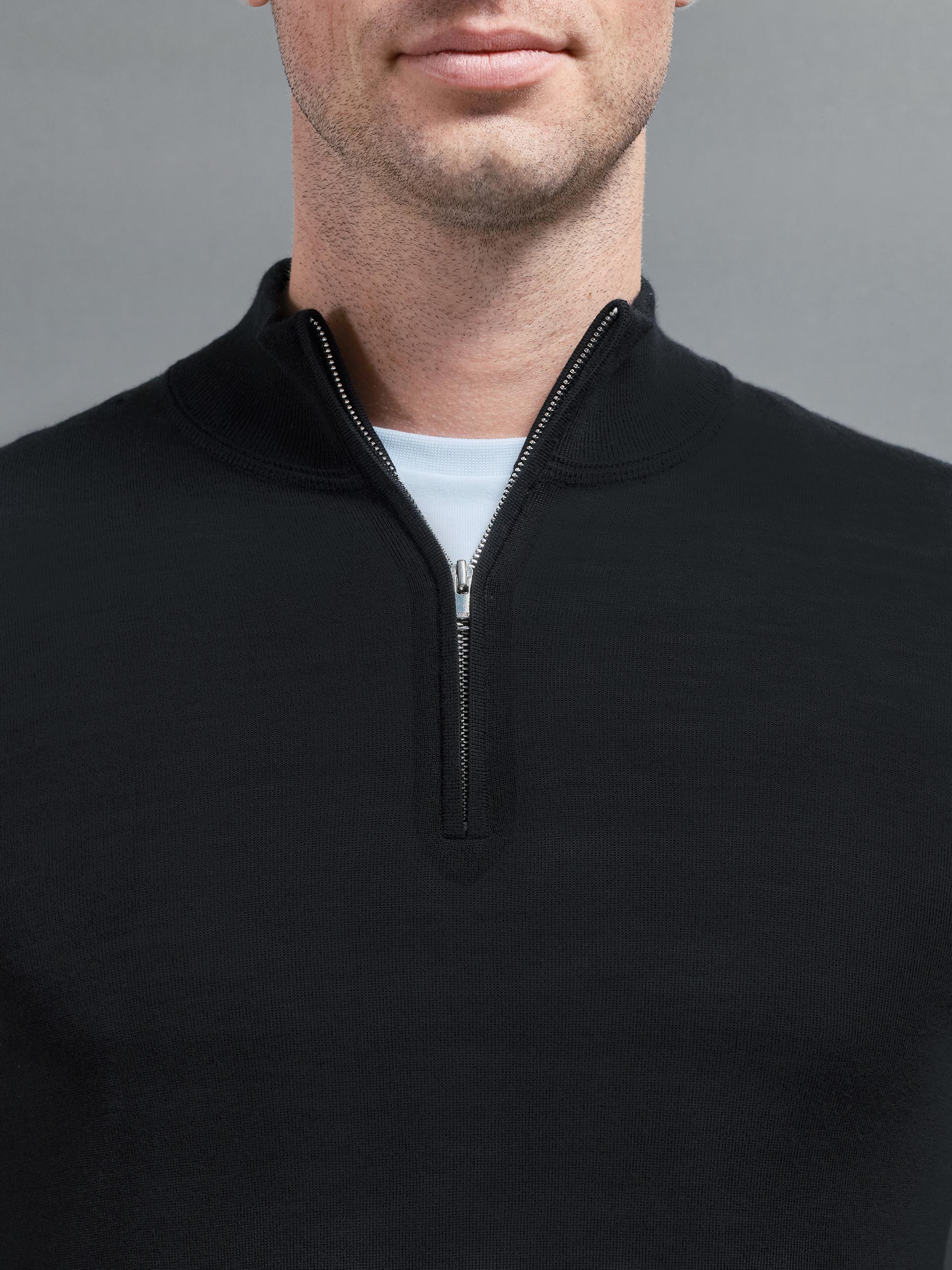 Merino Wool Half Zip Funnel Neck in Black - Image 3