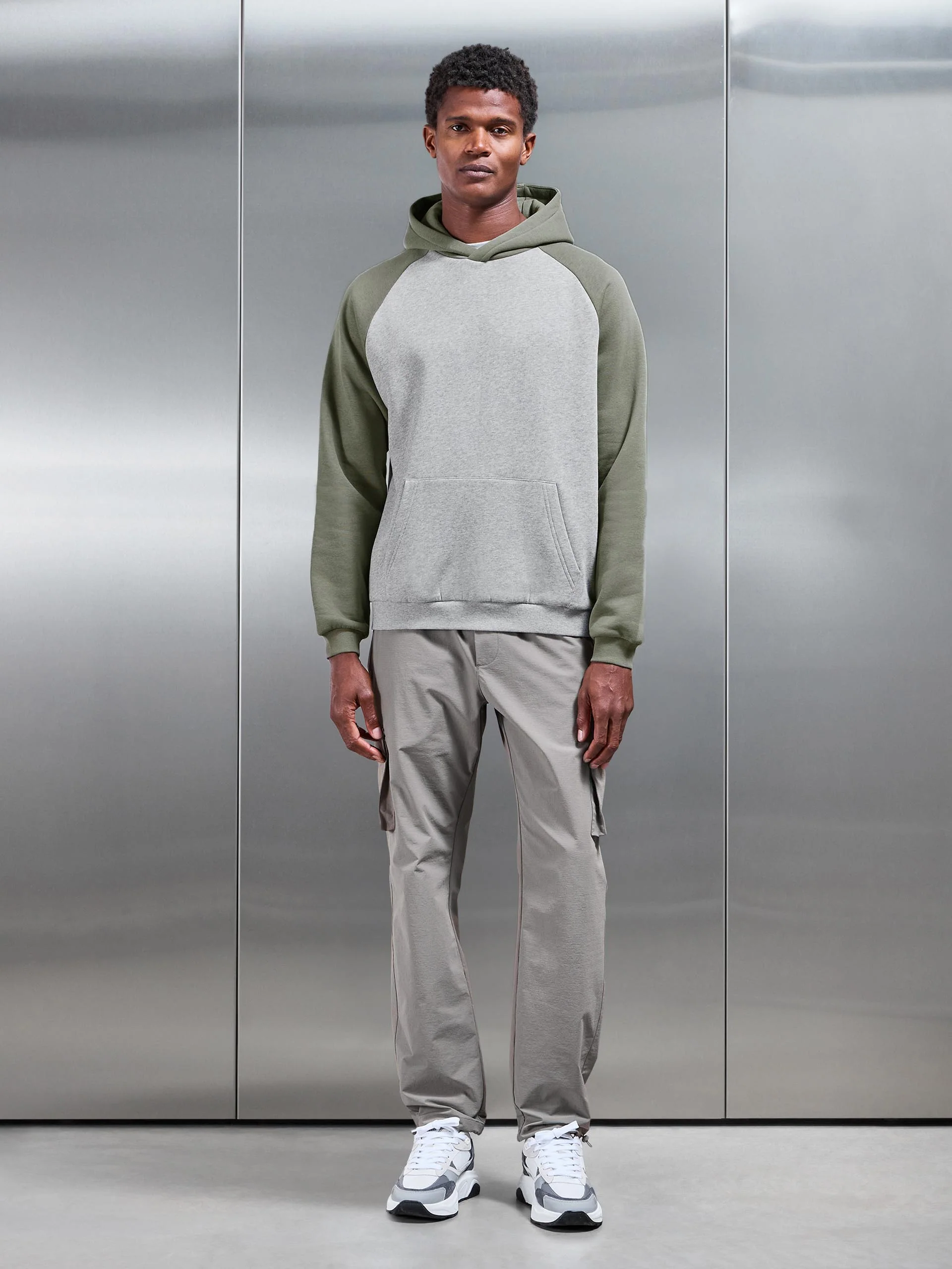 Neoprene Raglan Colour Block Hoodie in Olive Marl Grey - Image 2