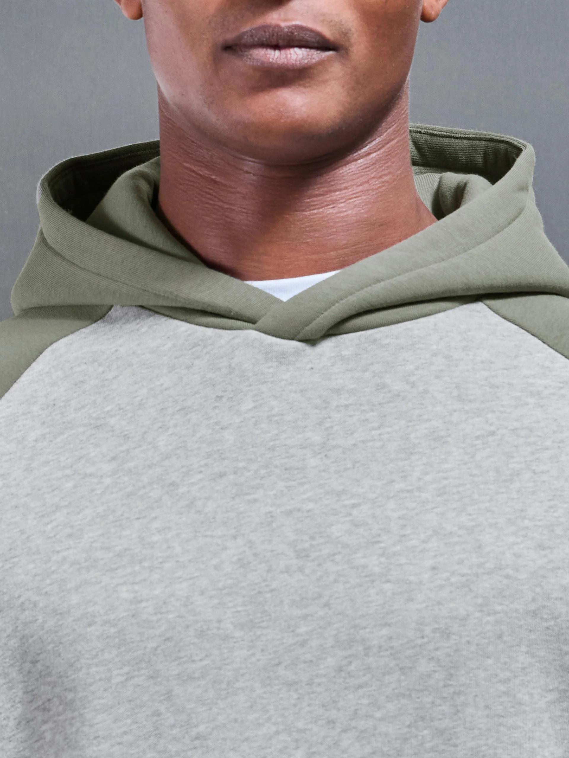 Neoprene Raglan Colour Block Hoodie in Olive Marl Grey - Image 3