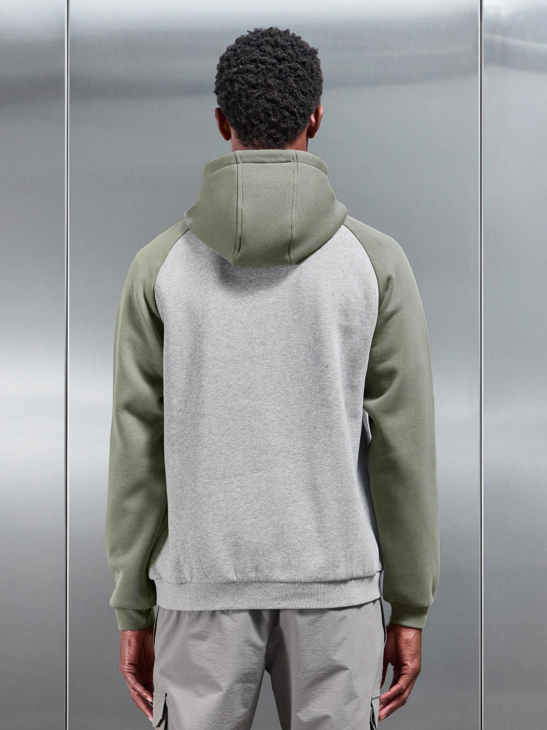 Neoprene Raglan Colour Block Hoodie in Olive Marl Grey - Image 5