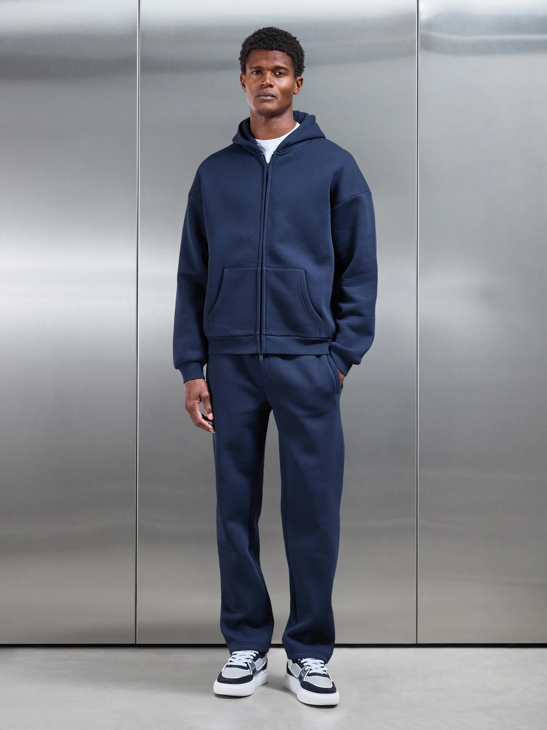 Neoprene Relaxed Fit Zip Through Hoodie in Navy - Image 2