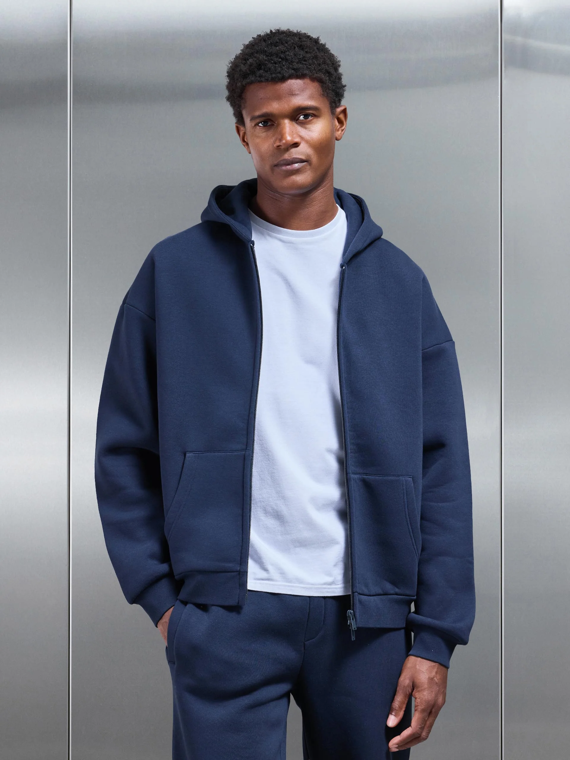 Neoprene Relaxed Fit Zip Through Hoodie in Navy - Image 6