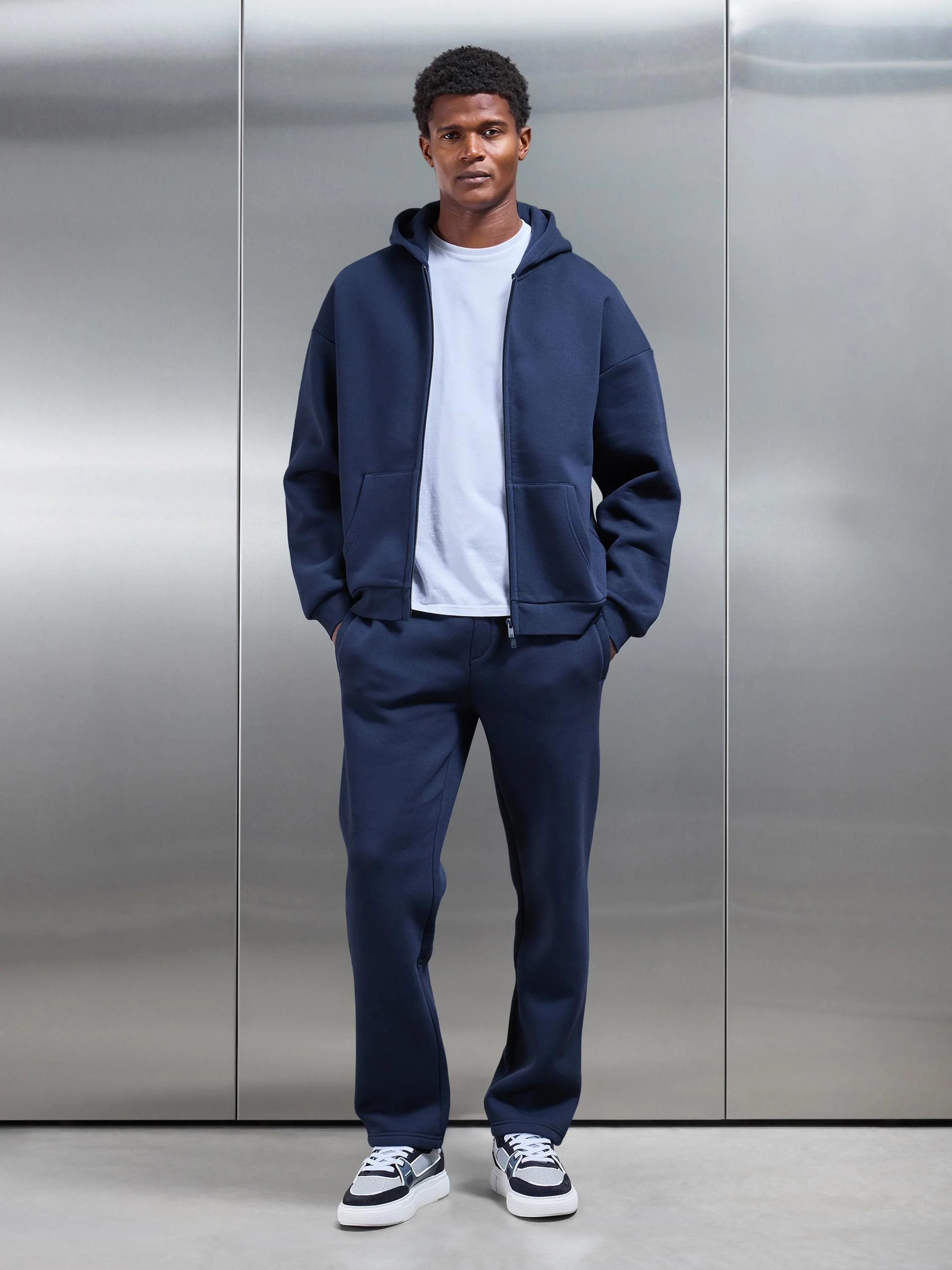 Neoprene Relaxed Fit Zip Through Hoodie in Navy - Image 7