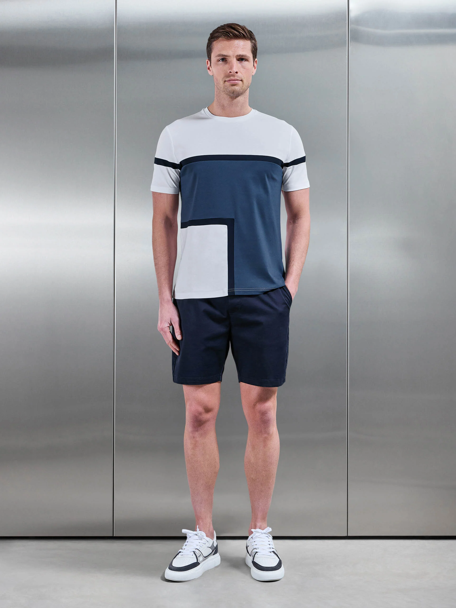 Oden Mercerised Colour Block T-Shirt in Steel Blue - Image 2