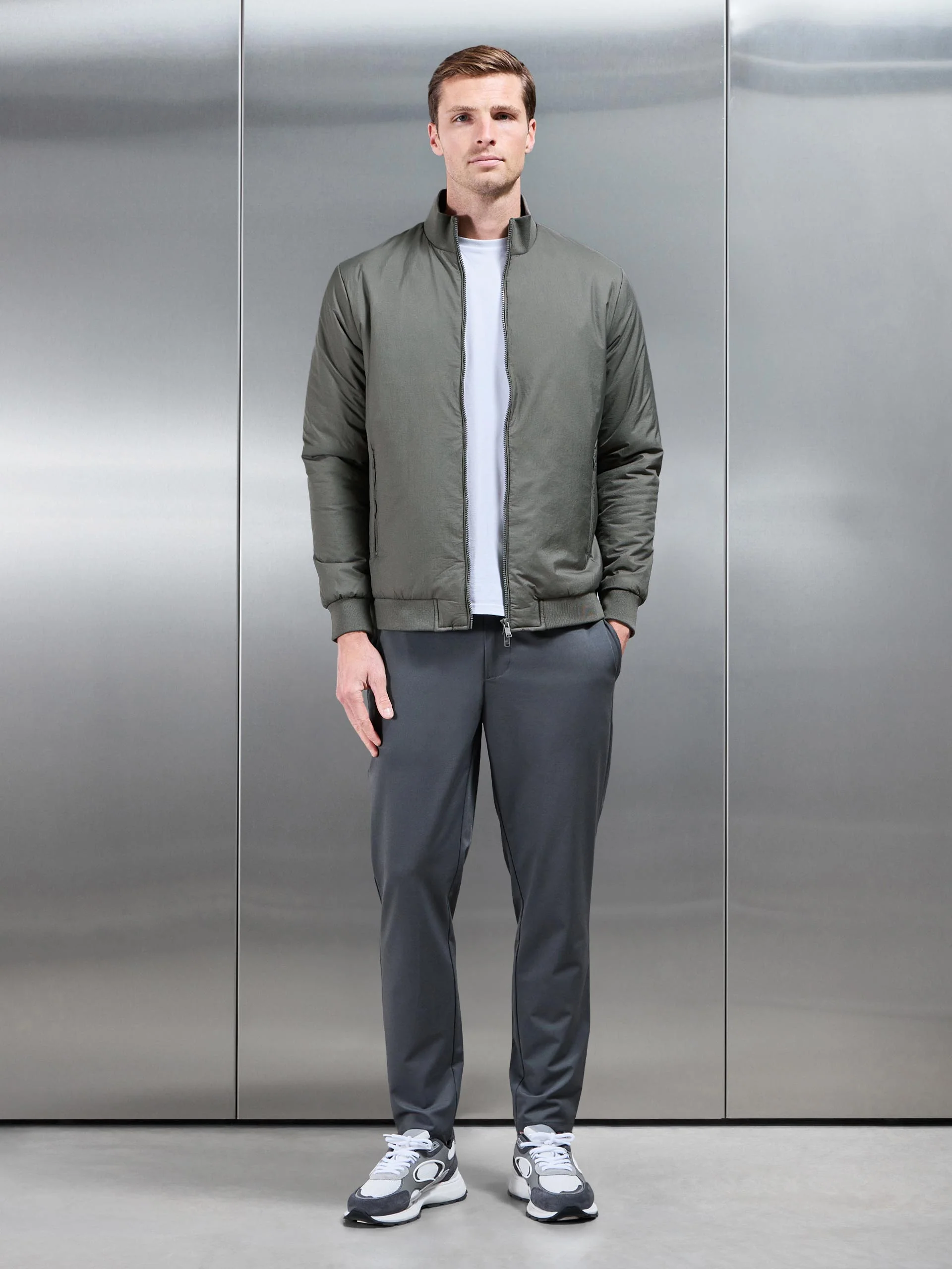 Padded Shell Funnel Neck Jacket in Olive - Image 2