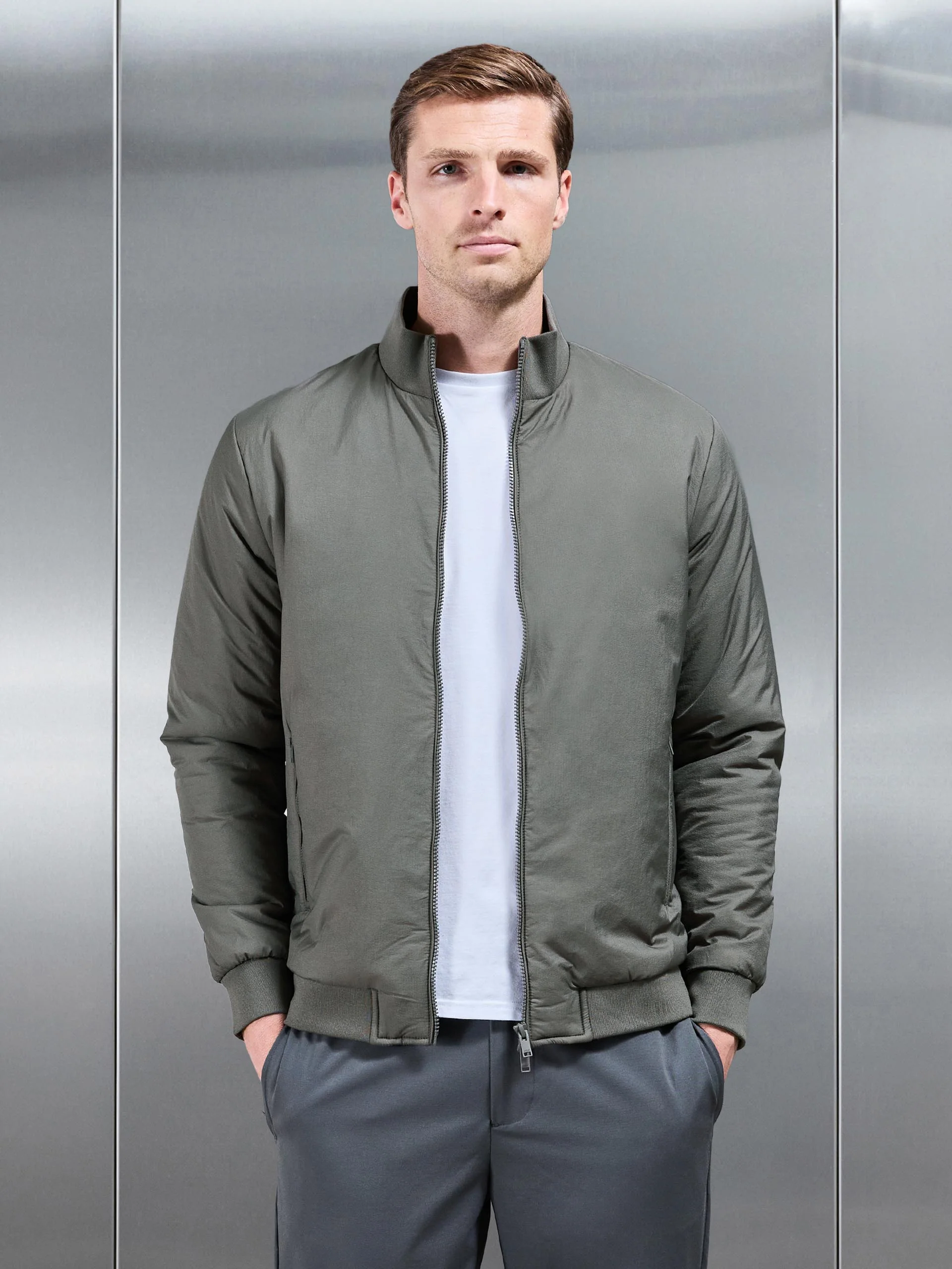 Padded Shell Funnel Neck Jacket in Olive - Image 6