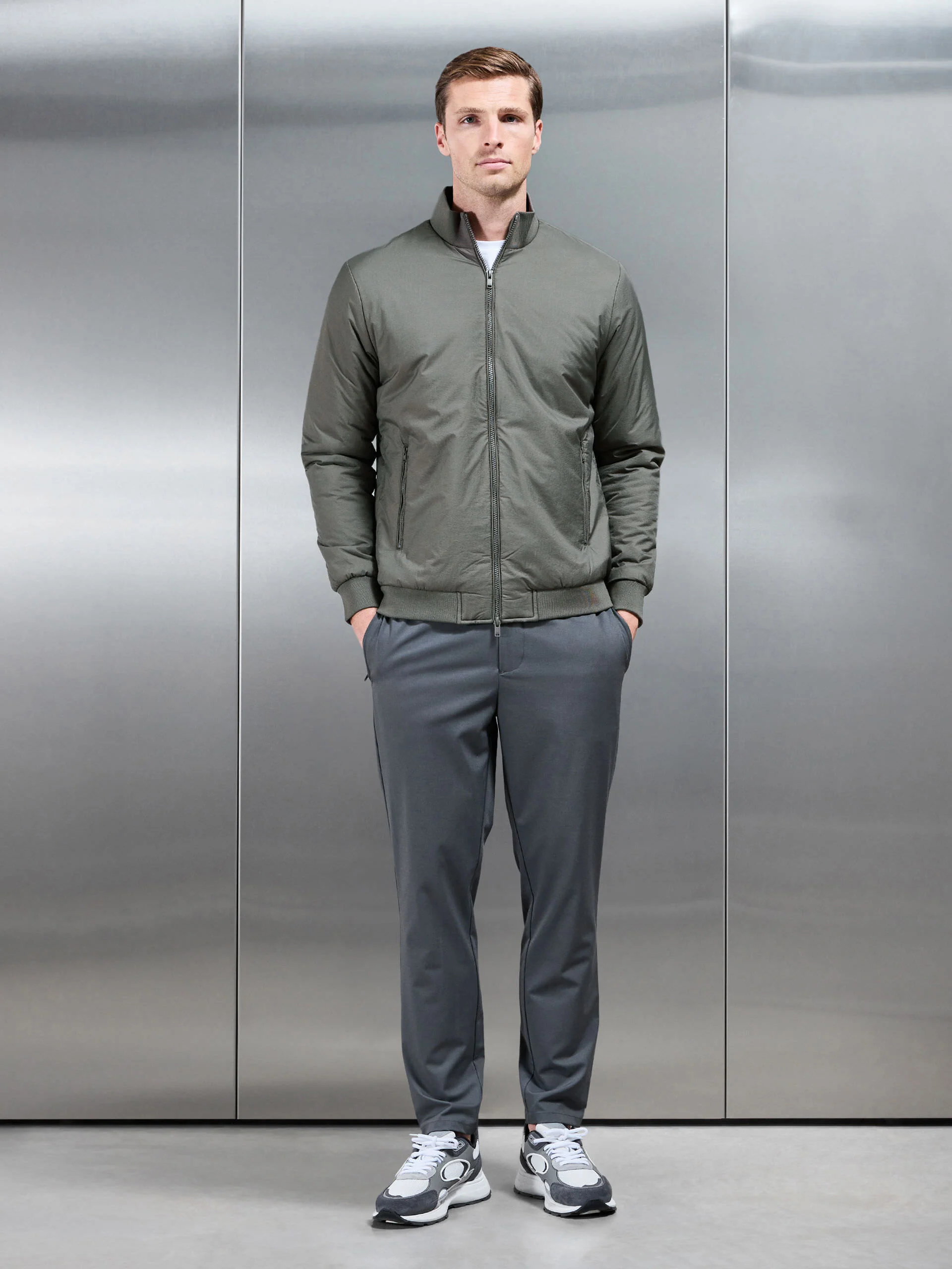 Padded Shell Funnel Neck Jacket in Olive - Image 7