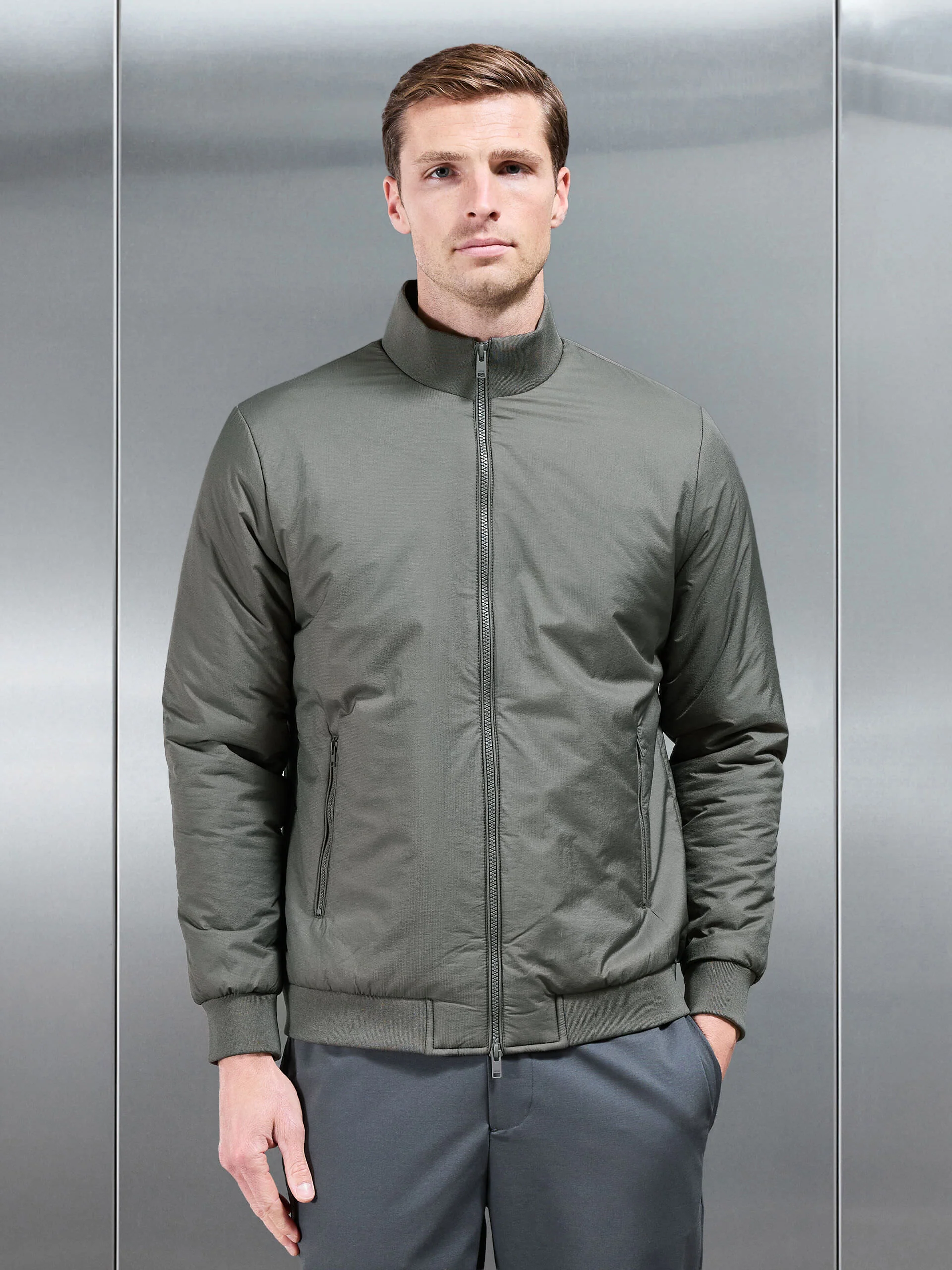 Padded Shell Funnel Neck Jacket in Olive - Image 8