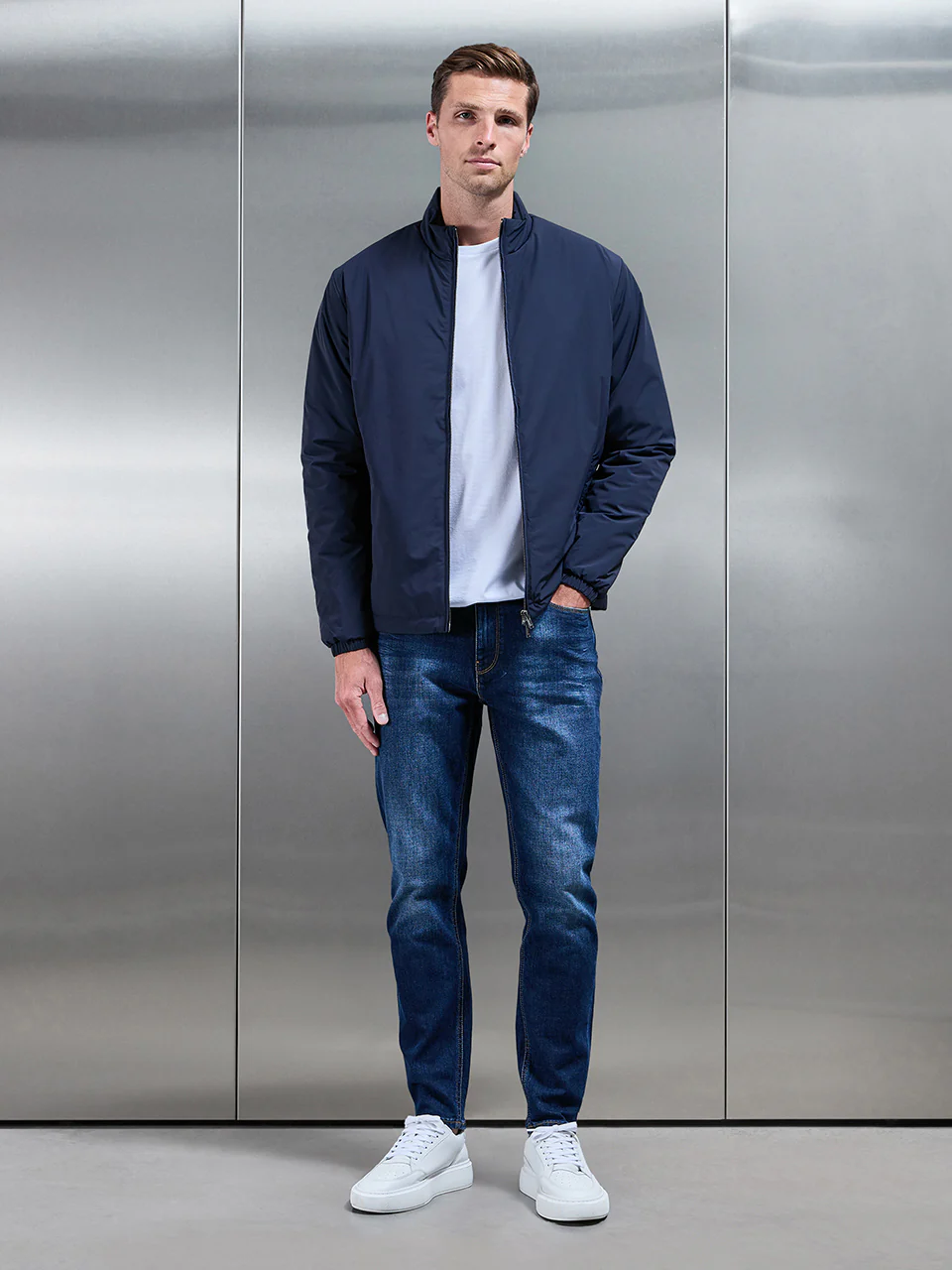 Padded Shell Zip Through Jacket In Navy - Image 3