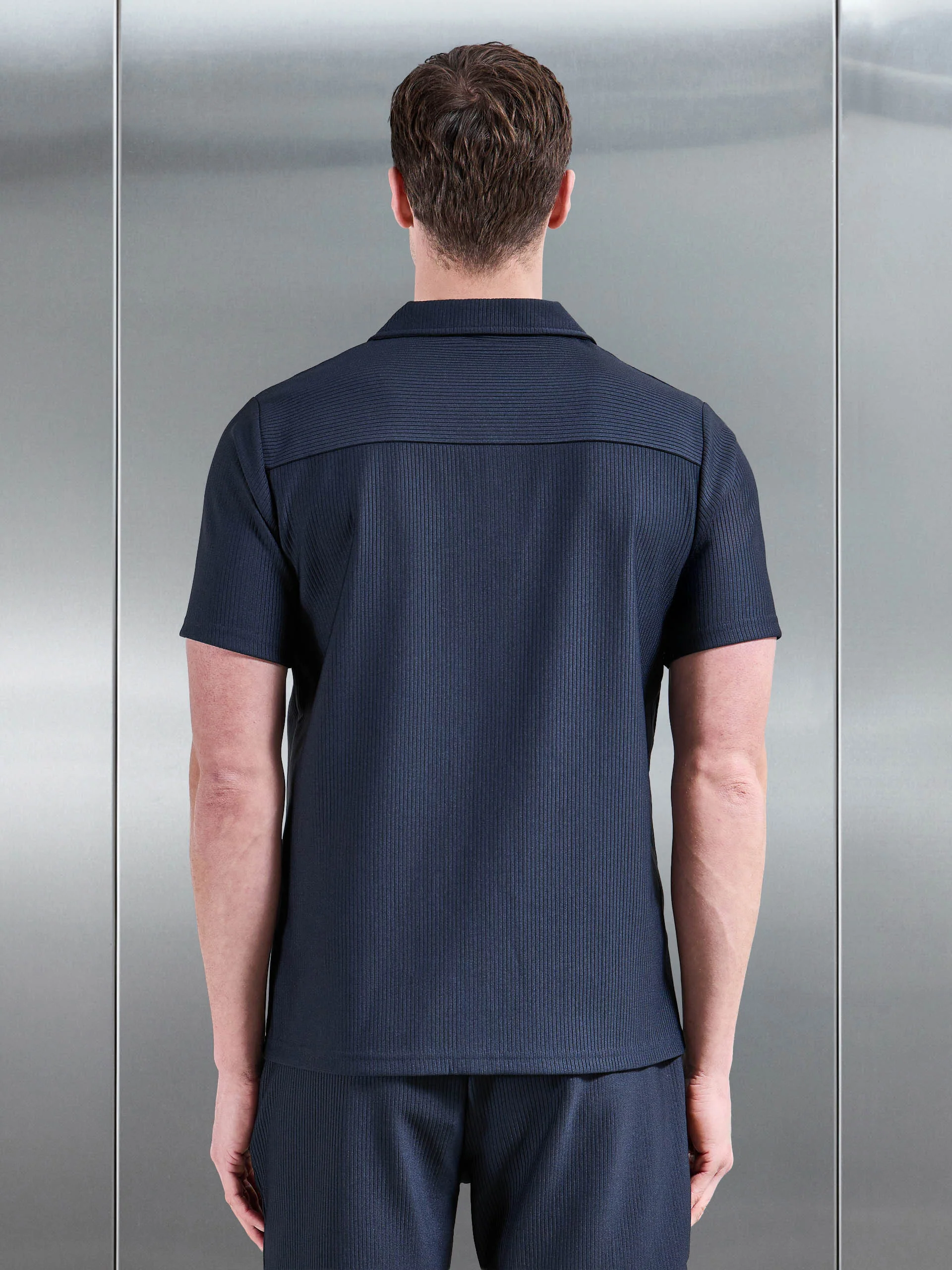 Pleated Revere Collar Shirt in Navy - Image 3