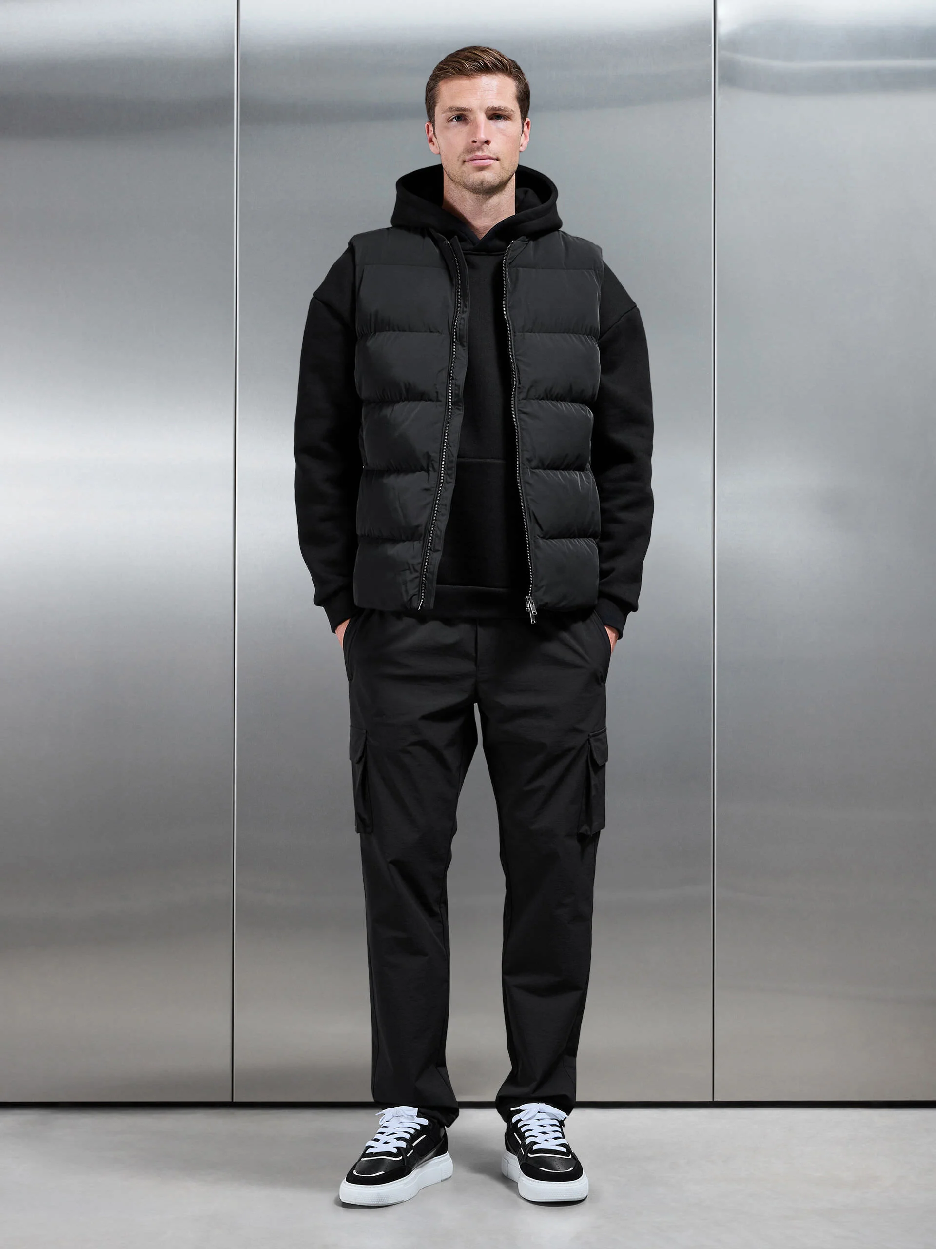 Quilted Bomber Gilet in Black - Image 2